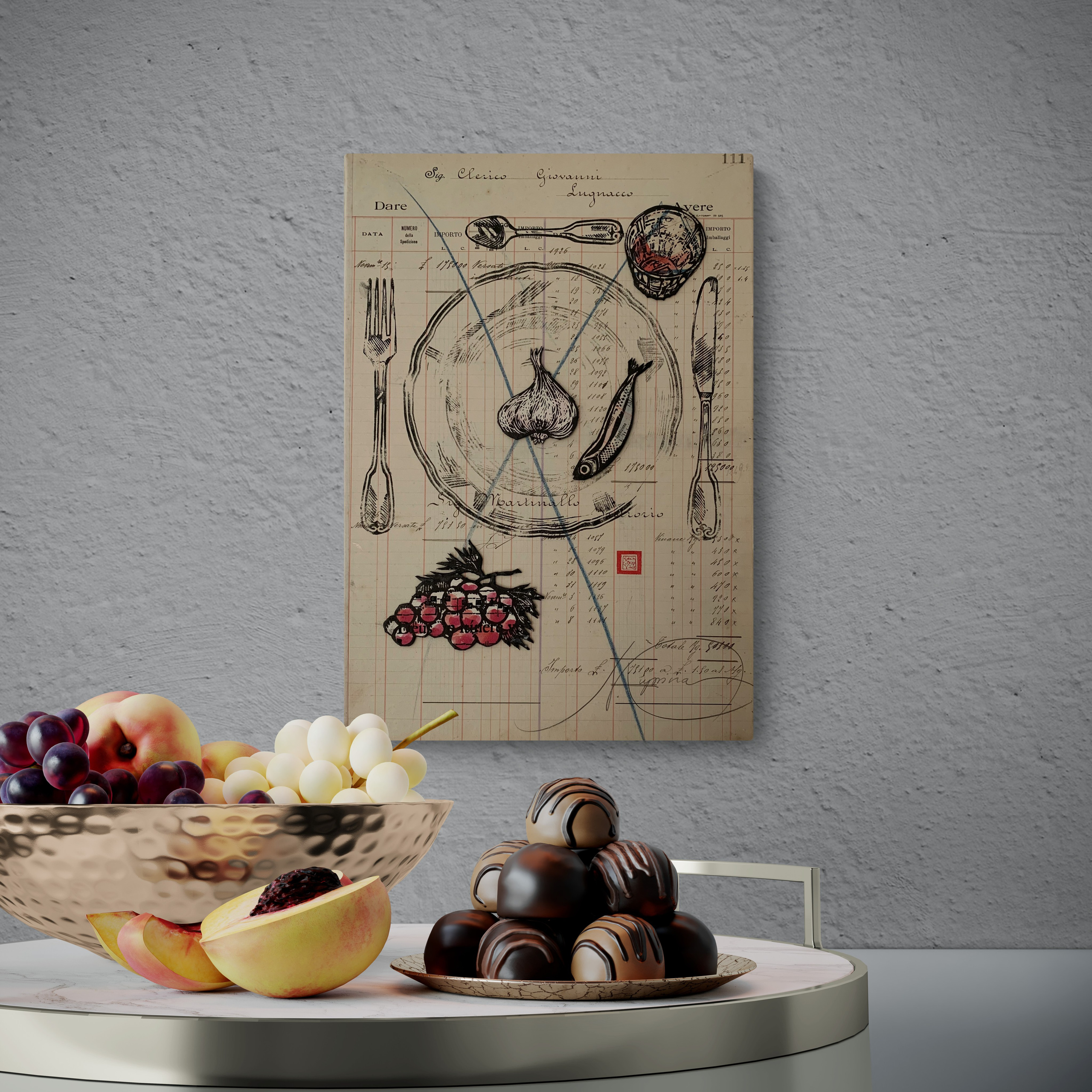 PANEM QUOTIDIANUM. 29.5 cm  x 43 cm Linoleografia stampata a mano su pagina di un registro di un’azienda vinicola del 1920. Elementi di collage.