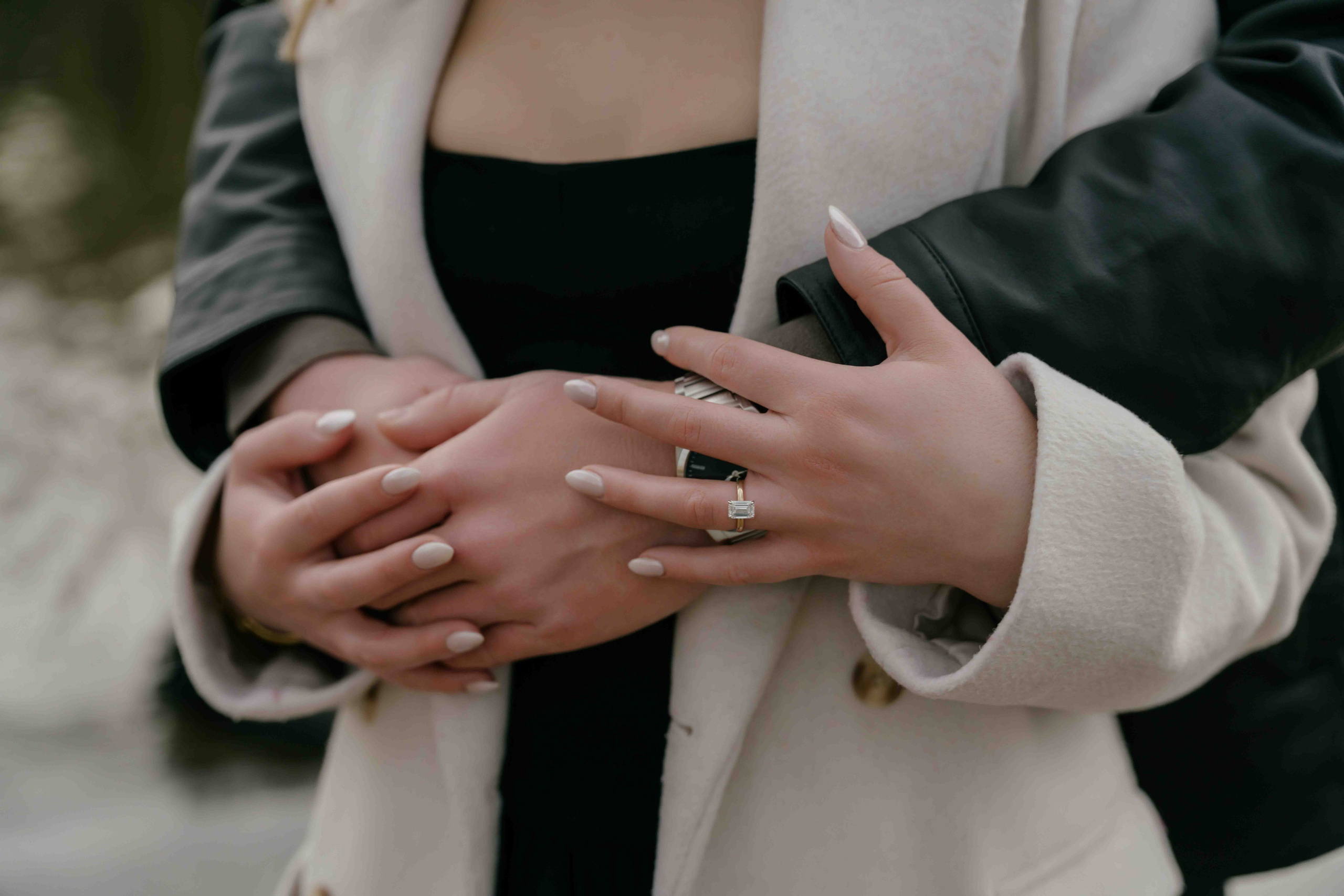Close-up engagement ring on hand London proposal detail shot