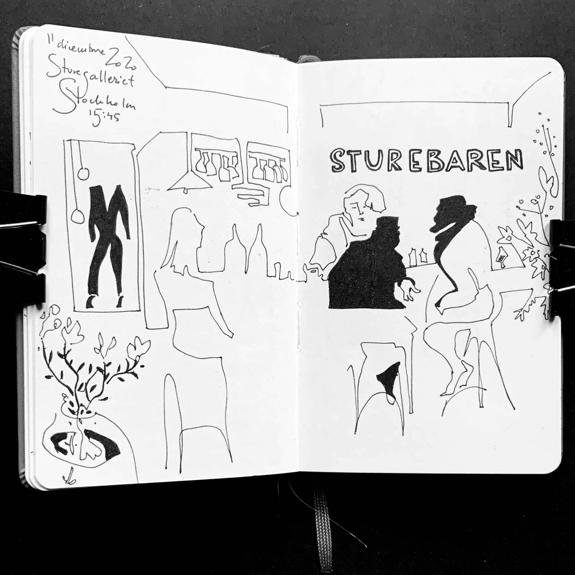 Disegni originali in bianco e nero su taccuino Moleskine, realizzati a Stoccolma nell’arco di diversi anni come parte di una pratica costante di disegno su carta. Sturebaren.