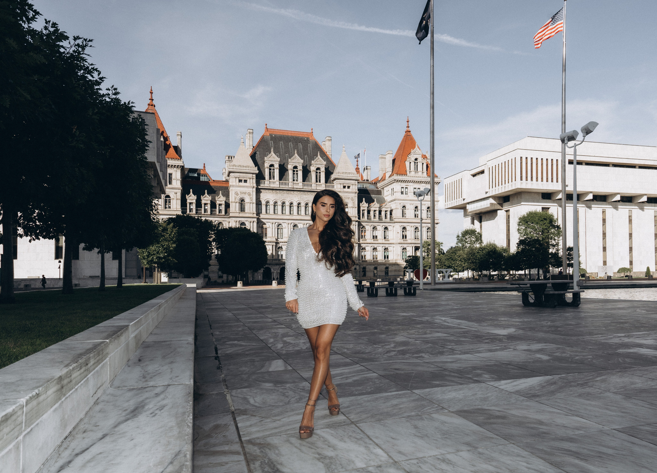 Bride posing in Troy’s downtown historic square.