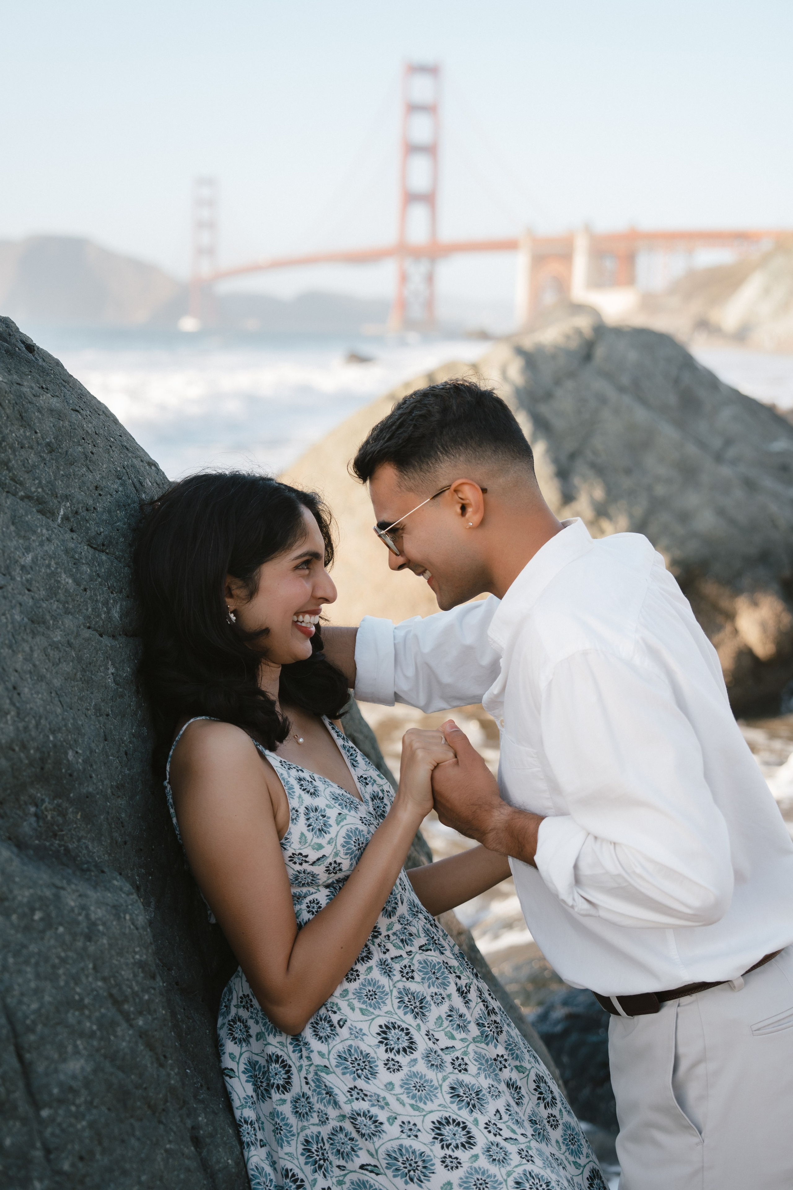 Engagement and Couple’s Photoshoot at Marshall’s Beach with iconic Golden Gate bridge view. Soulo Photography | San Francisco Bay Area Based Photographer