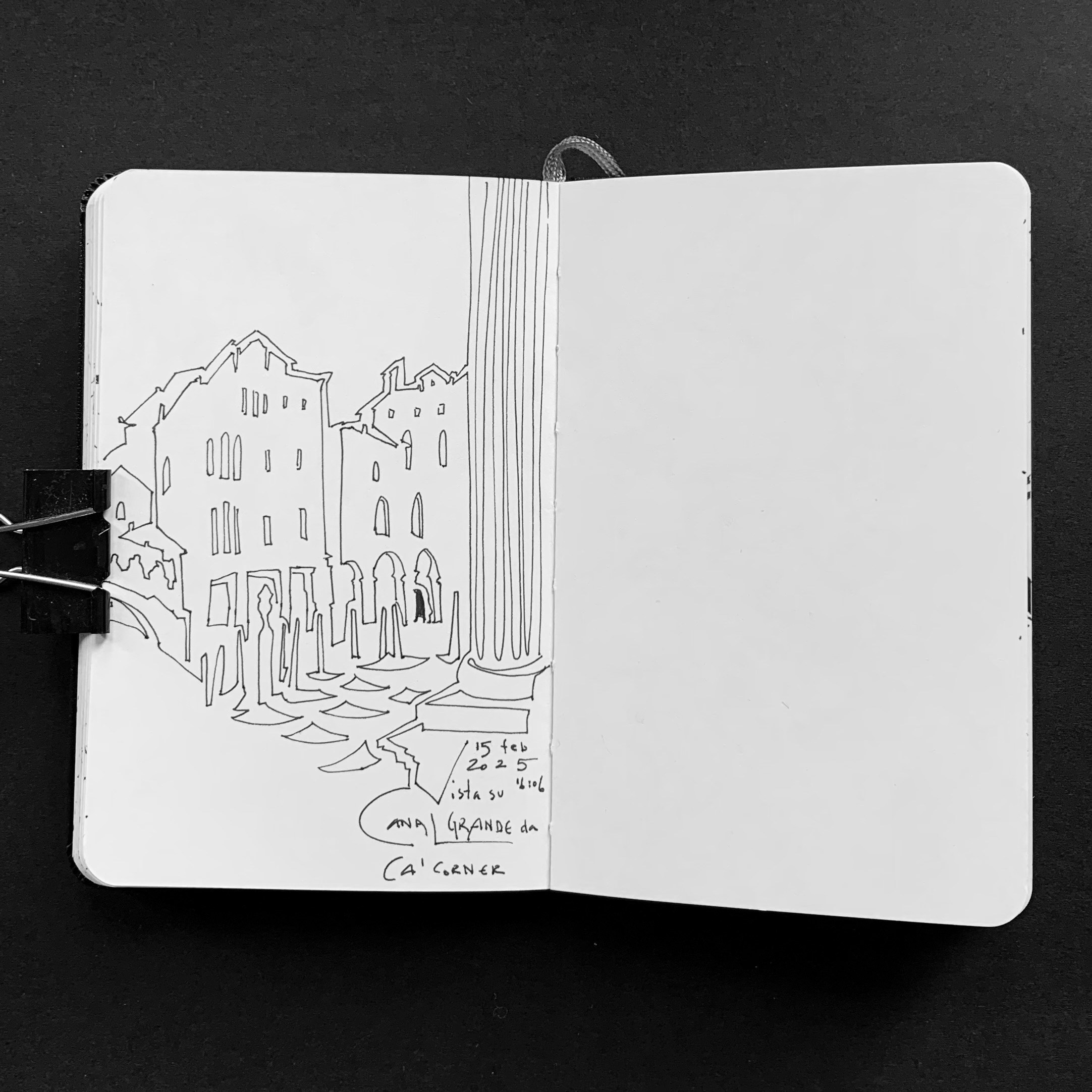 Moleskine notebook with original drawings made in Venice, works on paper by Nadia Kuprina, contemporary artist living and working in Venice. A view on the Canal Grande from Ca’ Correr.