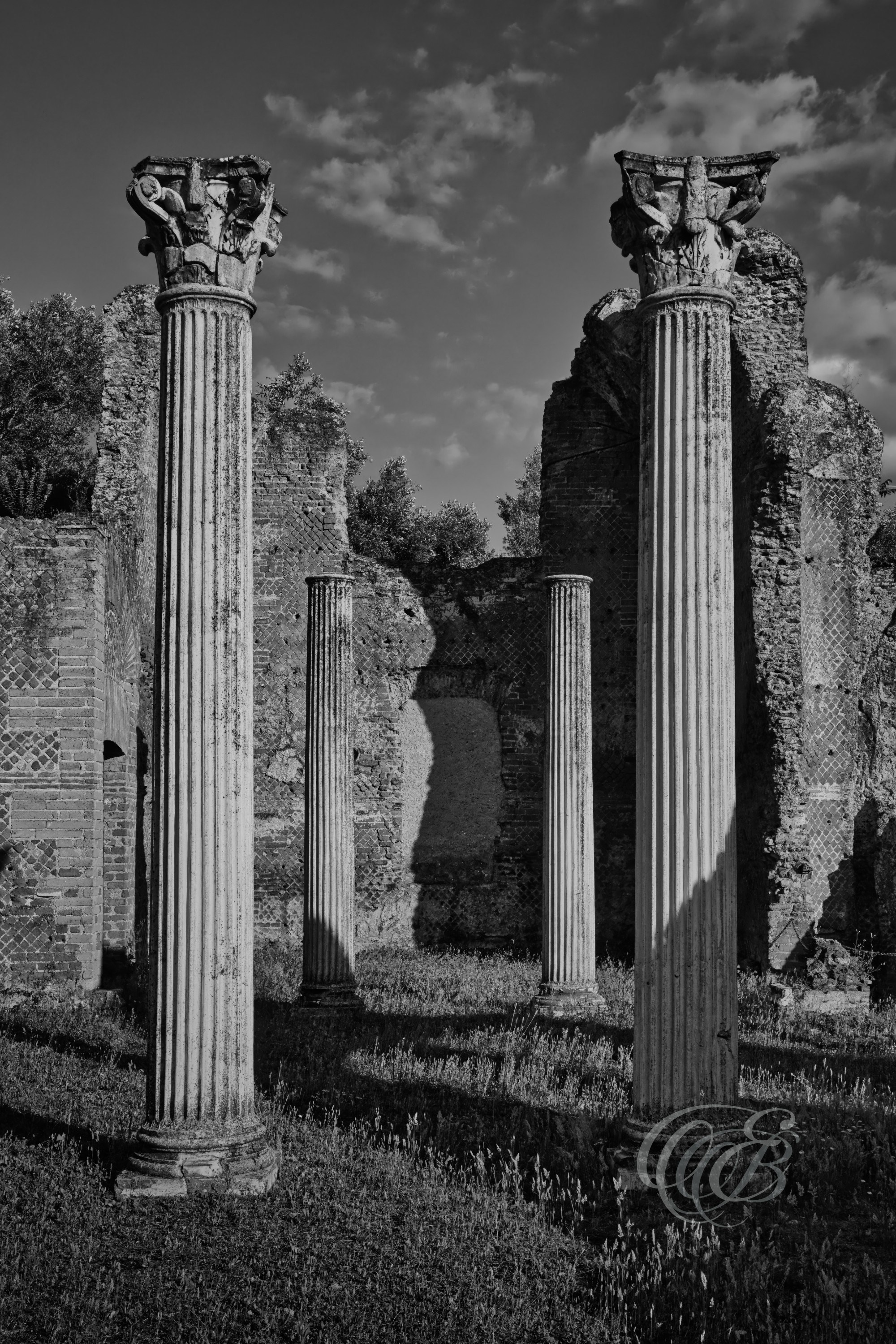Rome Italy - Columns of the Golden Square of Hadrian’s Villa - B&W - Eduardo Bartoli Photography - Black and white photograph of the columns of the Golden Square (Piazza d’Oro) at Hadrian’s Villa in Tivoli, Rome, Italy, an imperial Roman complex built in the 2nd century AD – photography by Eduardo Bartoli.