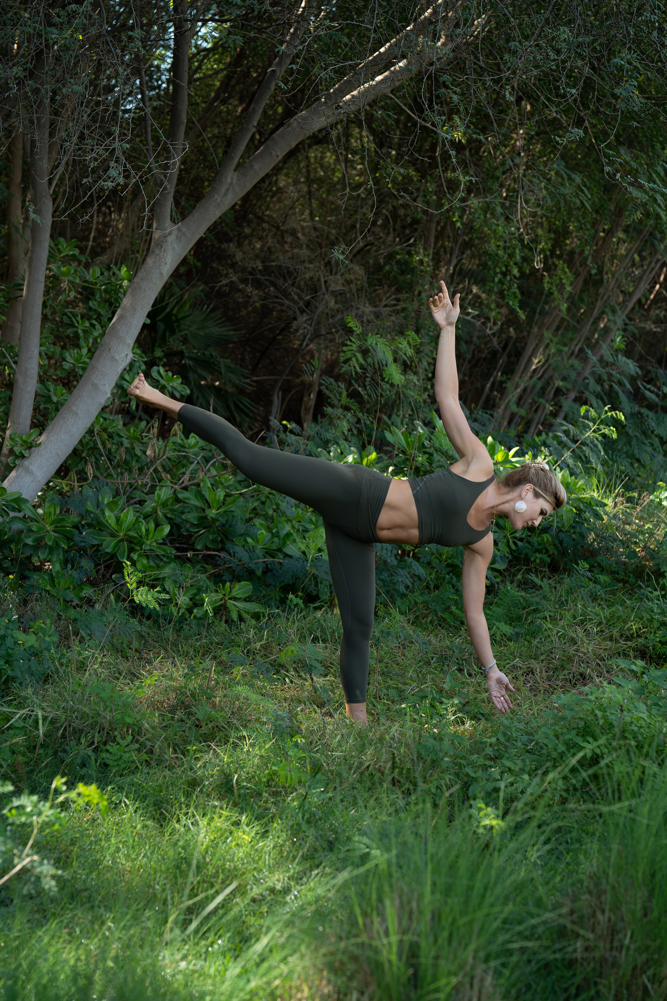 Yoga pose in woodland