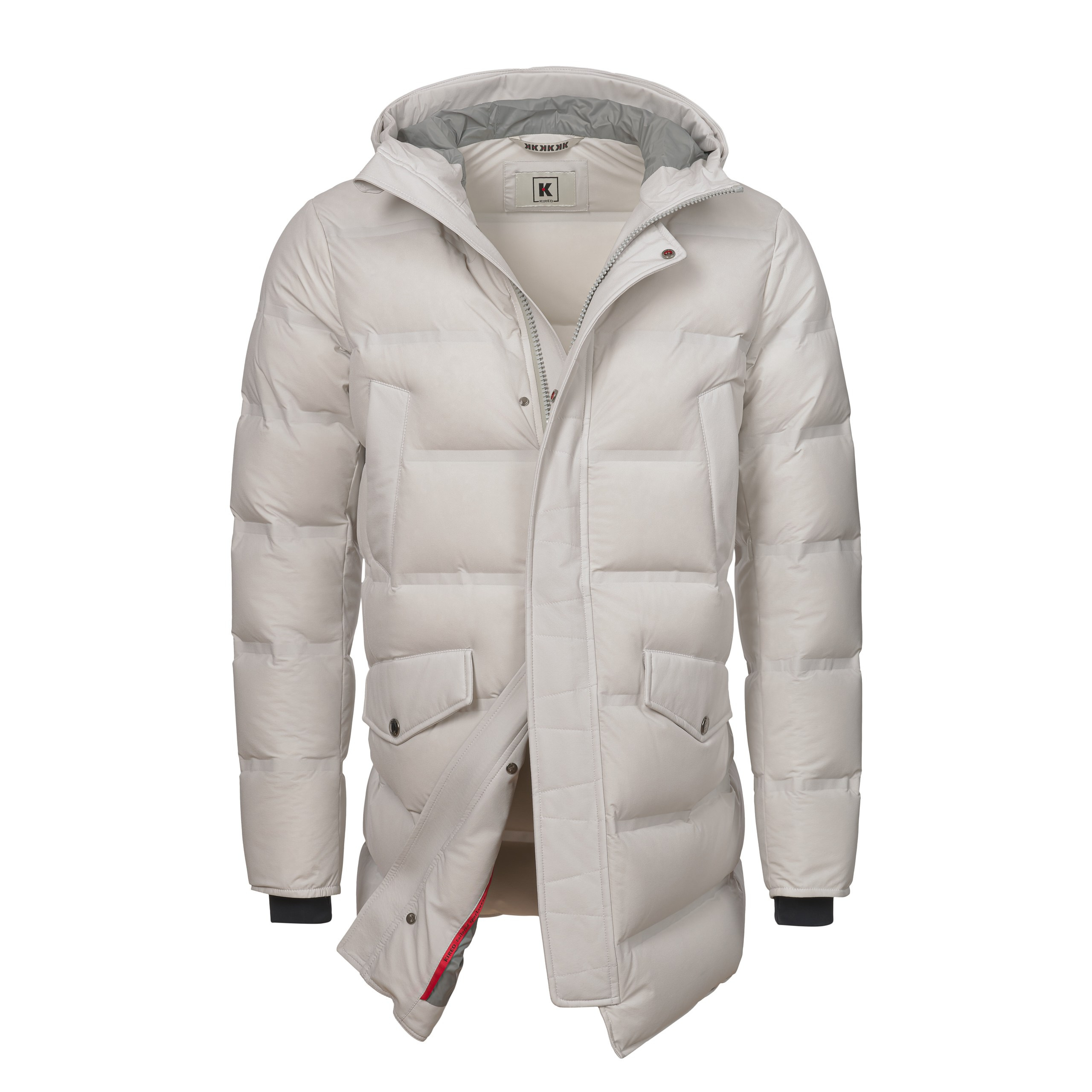 Unsichtbare Mannequin-Fotografie – Winterparka in Nebelgrau, Frontansicht mit geöffnetem Reißverschluss.