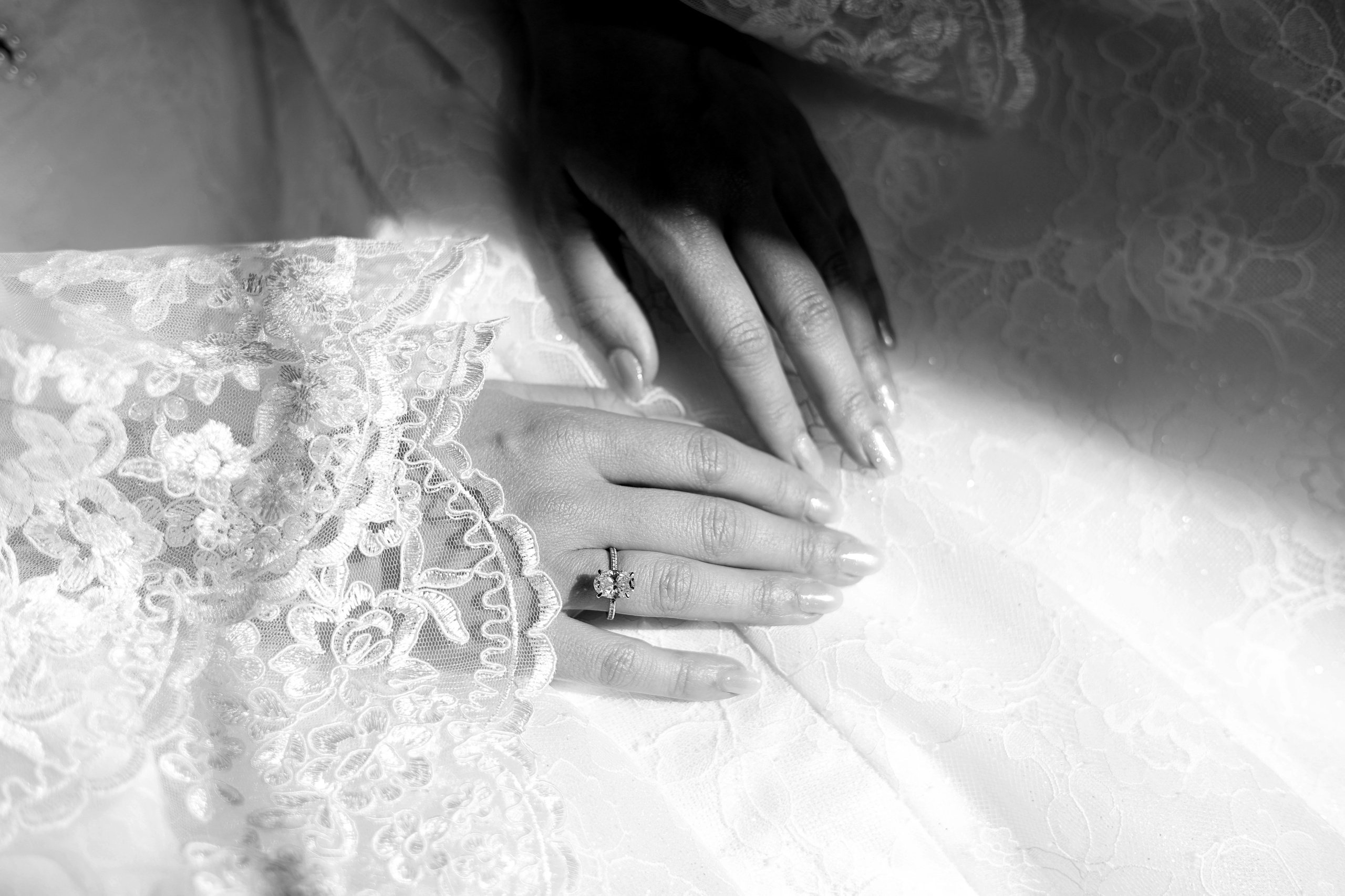 Close-up of wedding dress and accessories before the ceremony.