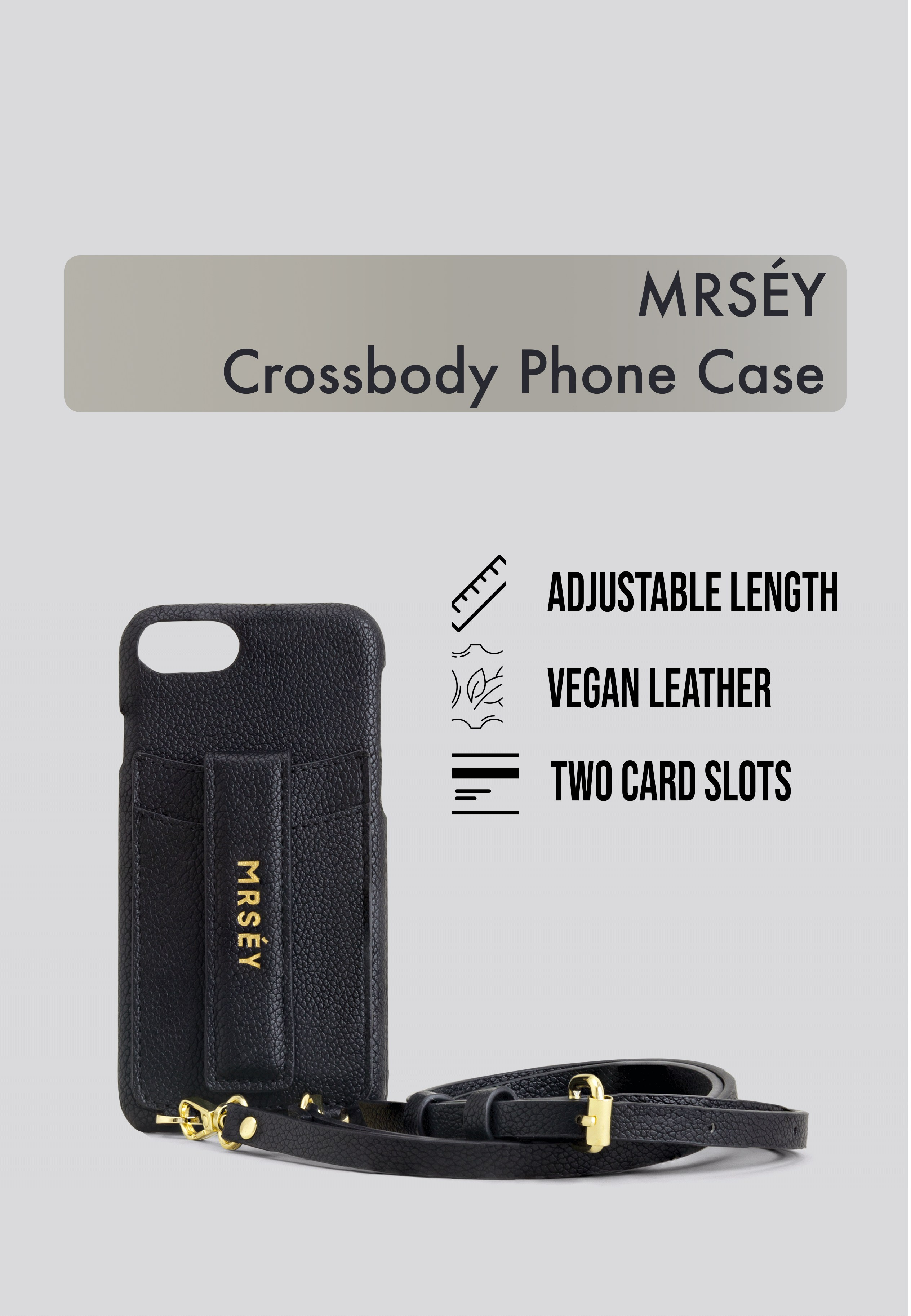 Handyhülle mit Kordel und Kartenfach – professionelle Produktfotografie von Marina Griebl, Produktfotografin in Wien, mit Infografik für Amazon und Online-Shops, zeigt praktische Details und Funktionen