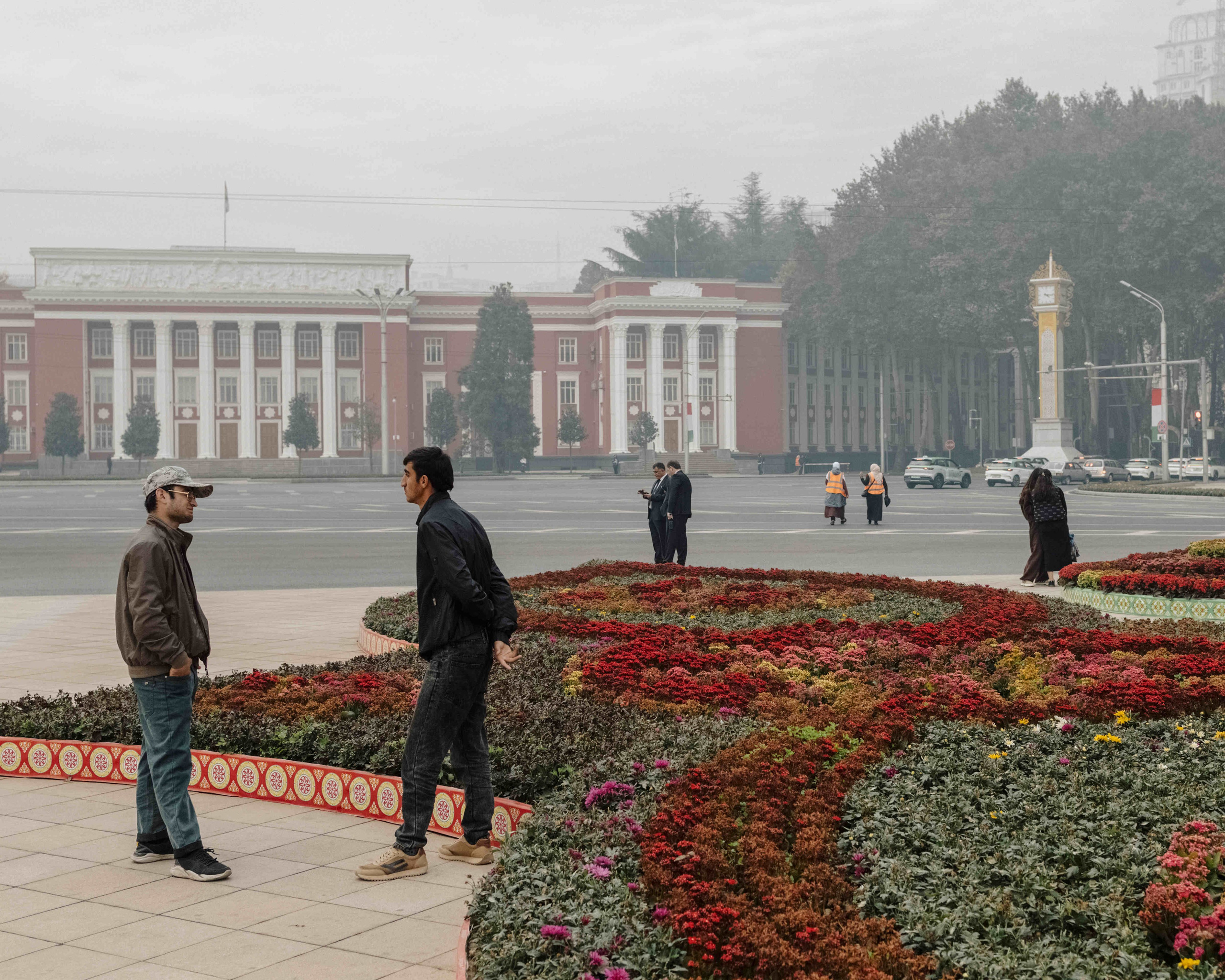 Amir Ismail Samani Square and the old Parliament of the Republic of Tajikistan in Dushanbe. The old Parliament building is one of the few remaining Soviet-style buildings in the city.