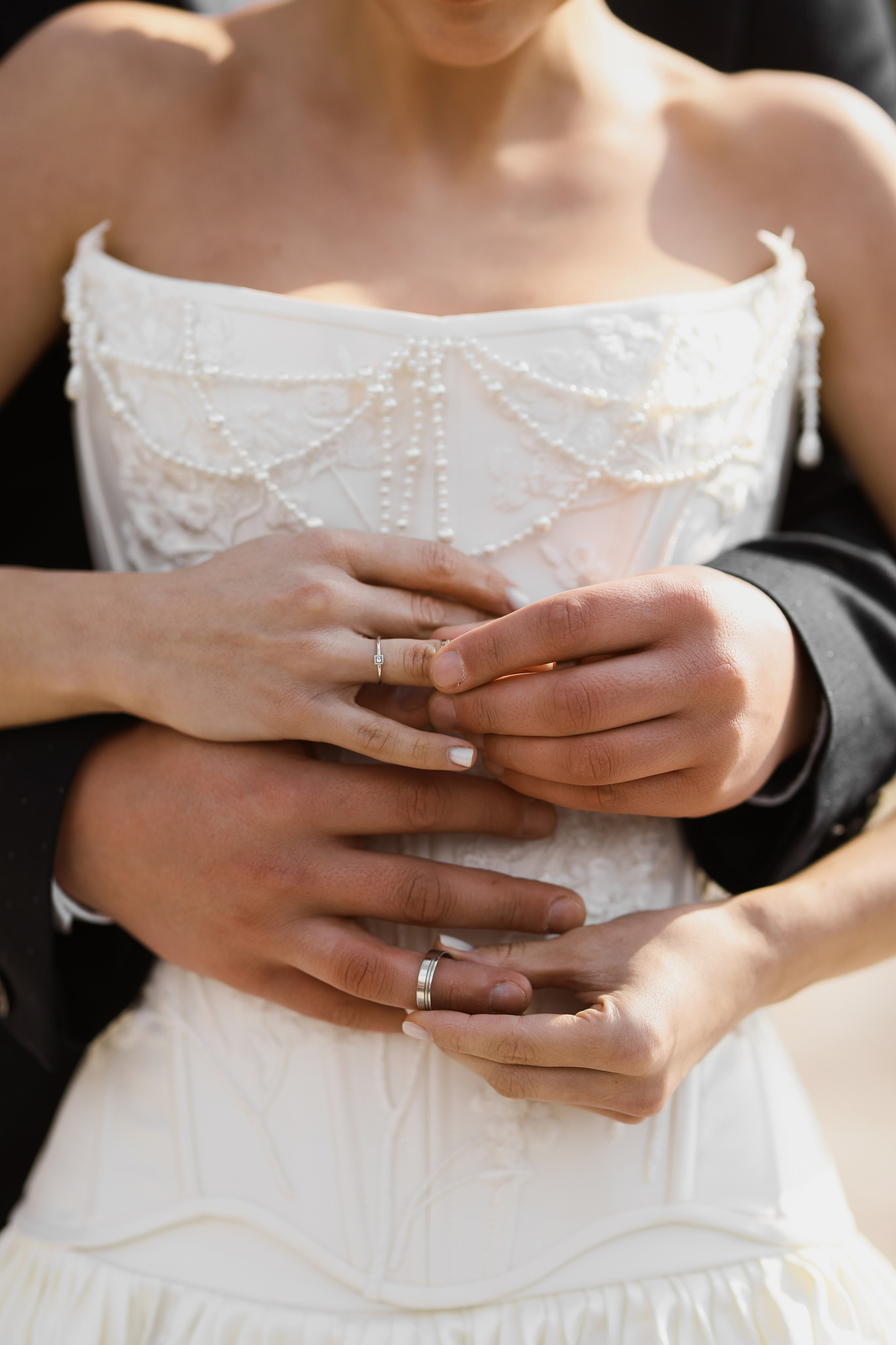Close-up of bride and groom hands with rings during a wedding in Europe