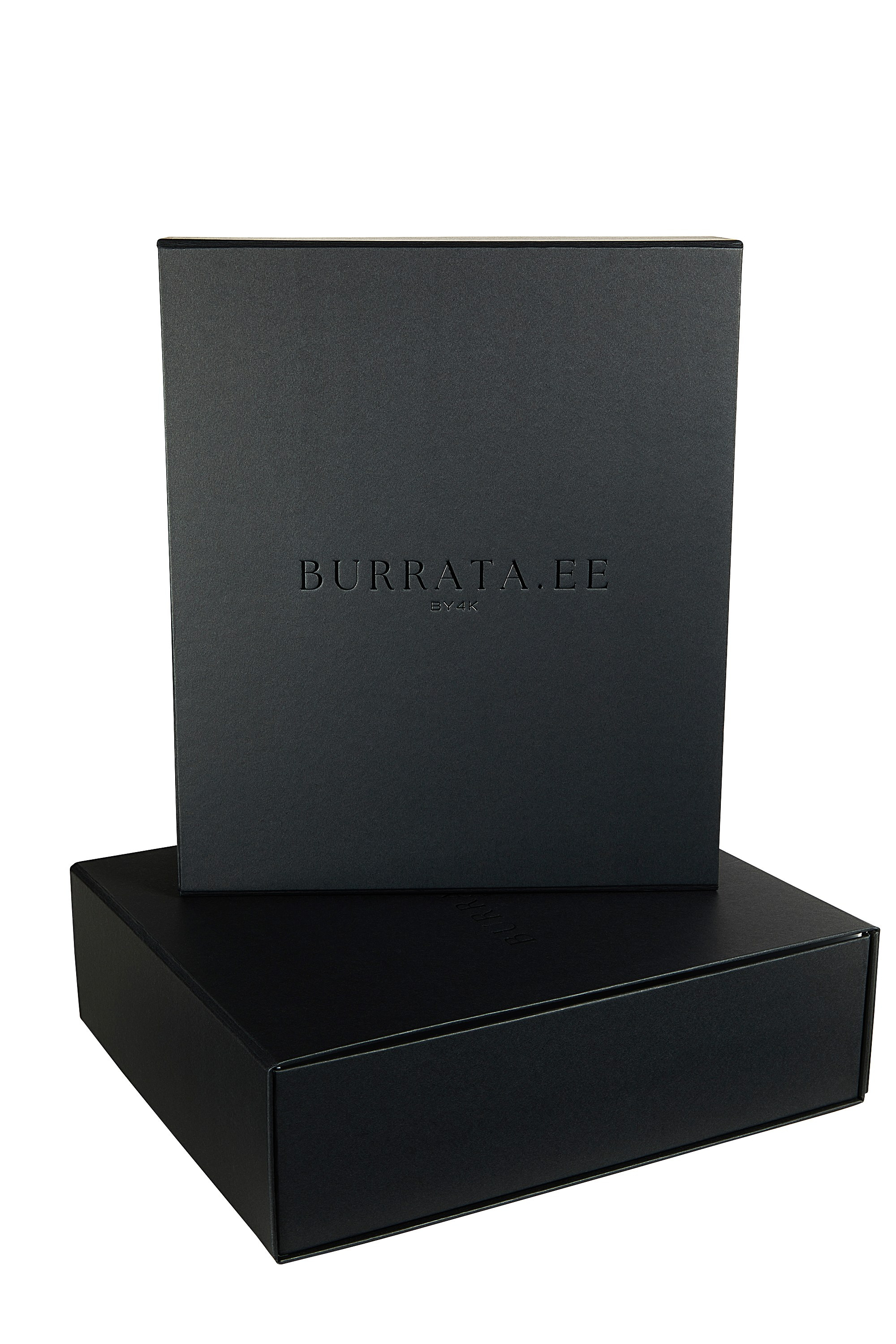 Black branded Burrata cardboard gift box for a wine set with embossed logo, premium packaging product photography.