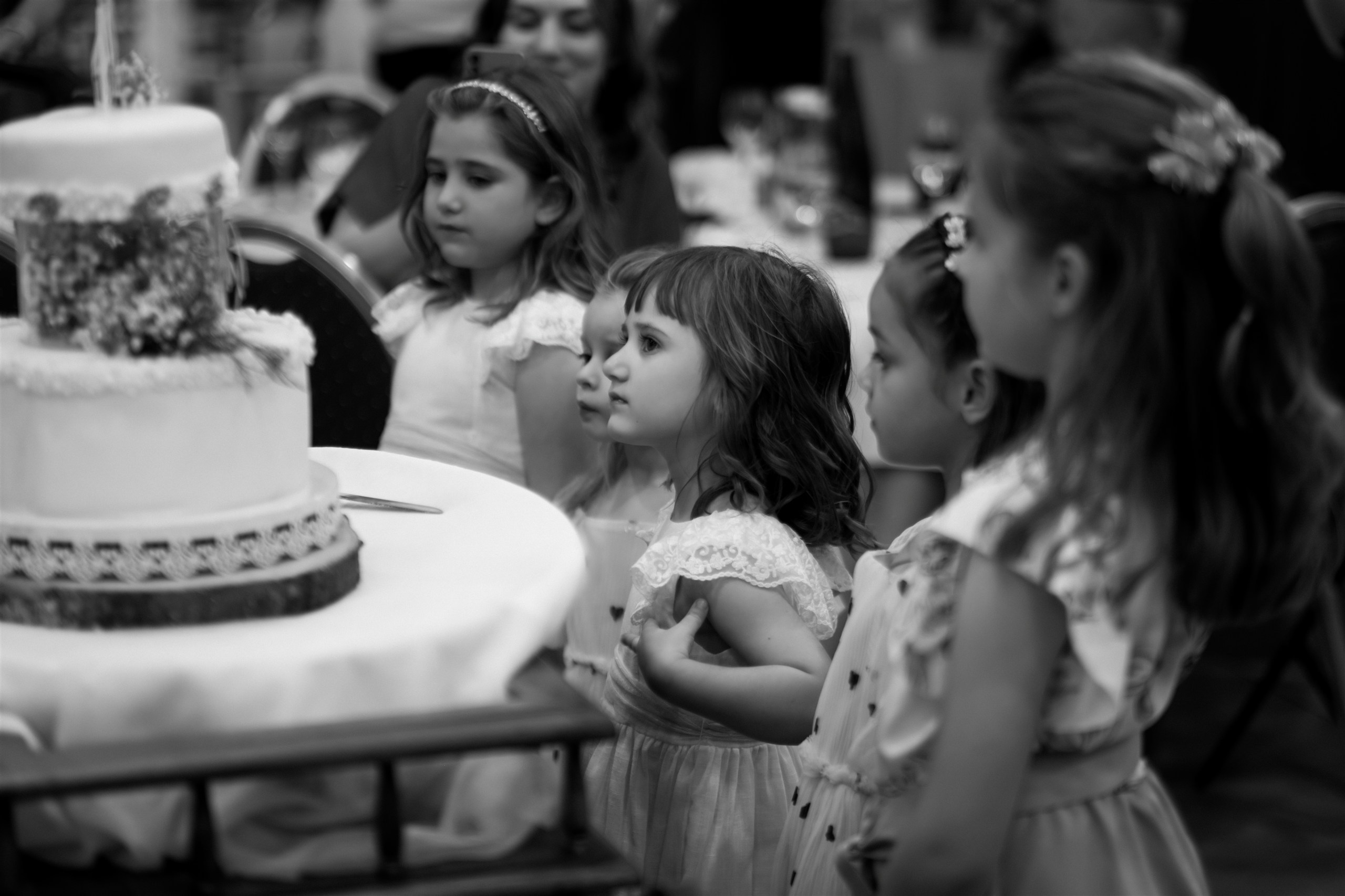 Niños mirando la tarta de boda, en blanco y negro