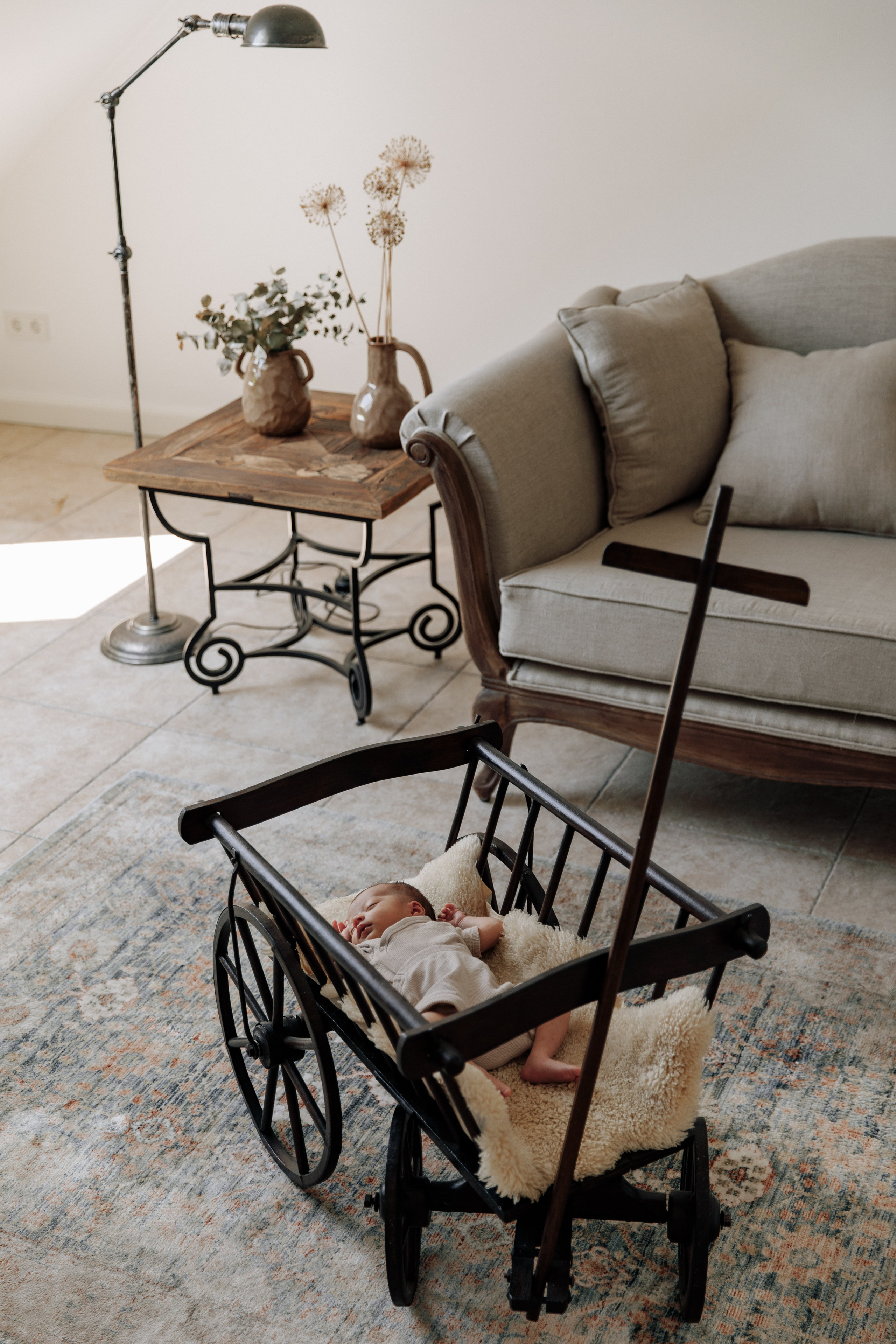 Baby liegt in einer besonderen Kinderwagen während des Fotoshootings.