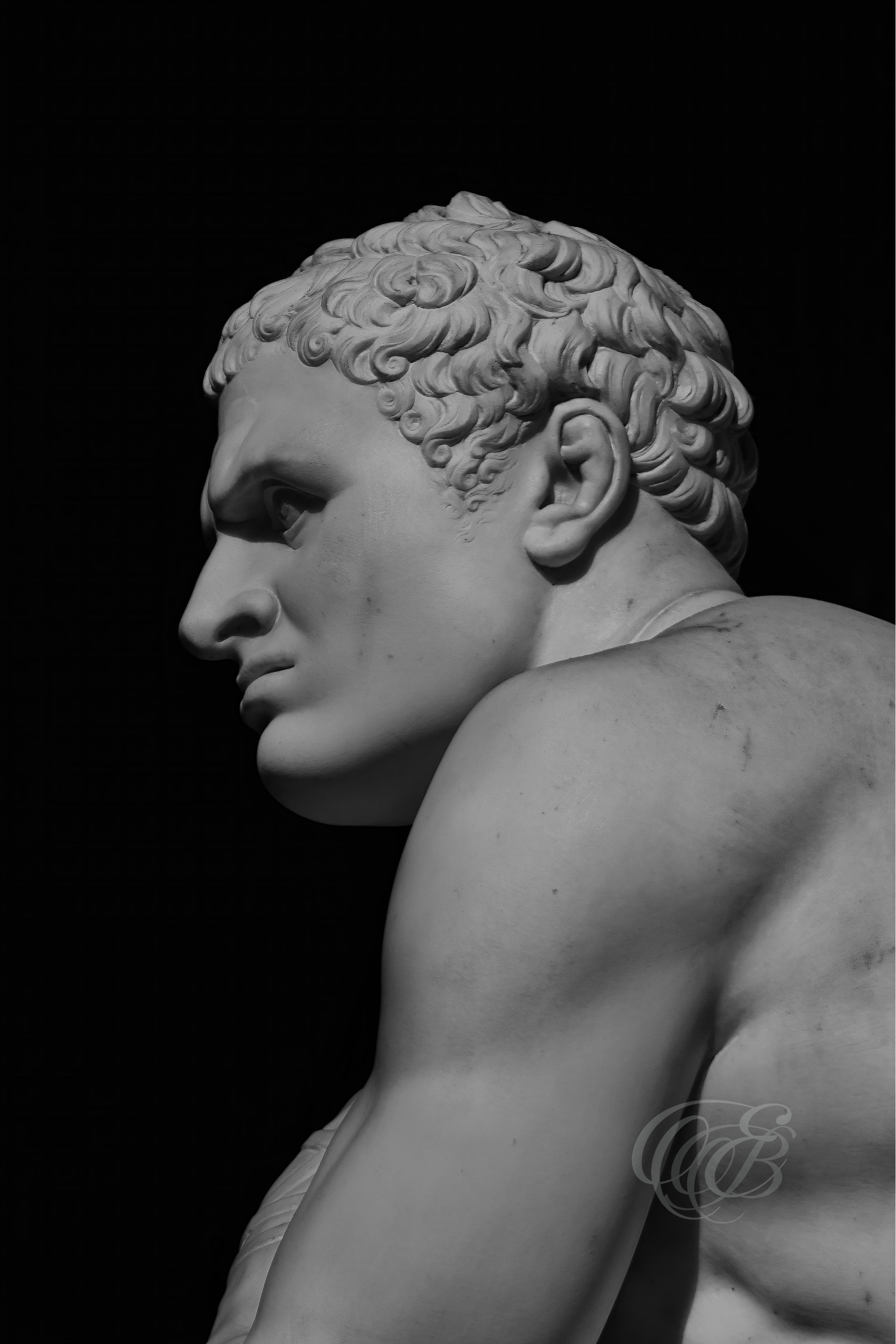 Rome Italy – Vatican Museums Octagonal Courtyard framed by the head and shoulders of a Roman fighter sculpture, classical Greco-Roman statues displayed in the historic papal collection, black and white fine art photography. Rome, Italy – photography by Eduardo Bartoli.