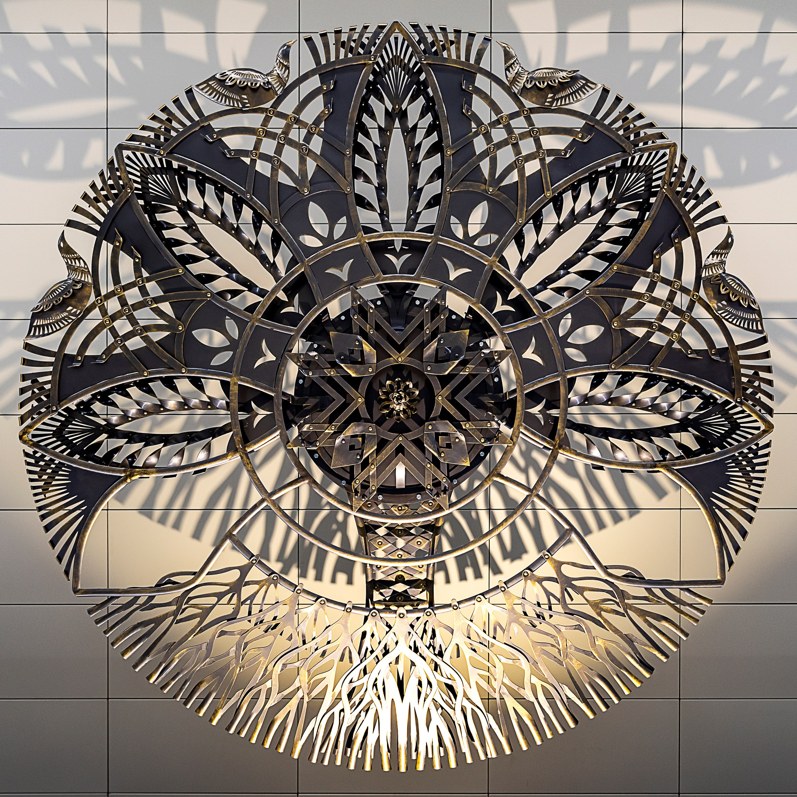 Минское Метро. Станция «Ковальская слобода». 2019-2020 «КАВАЛЬСКIЯ ВЫЦIНАНКI» кованые подвесные светотеневые композиции, декоративные элементы. Сталь, художественная ковка, лазерная резка, сварка. Художники Мария Тарлецкая, Павел Войницкий, Архитекторы Владимир Телепнёв, Ольга Телепнёва, Анна Кузмич. По мотивам произведений Елизаветы Червонцевой и Молодечненской школы вытинанки.