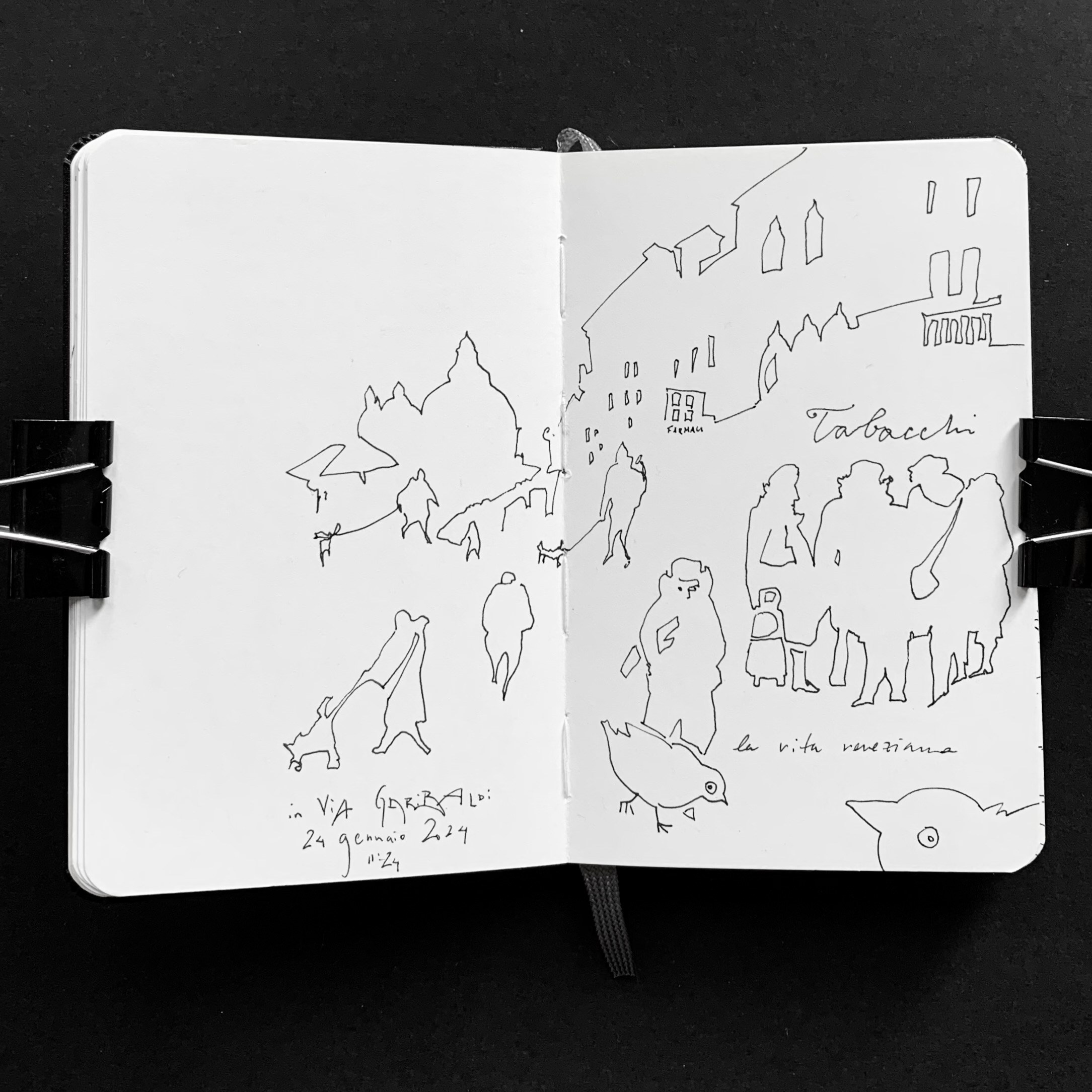 Moleskine notebook with original drawings made in Venice, research on paper for an editorial project by an artist who lives and works in Venice. A character black and white drawing of venetians and pigeons.