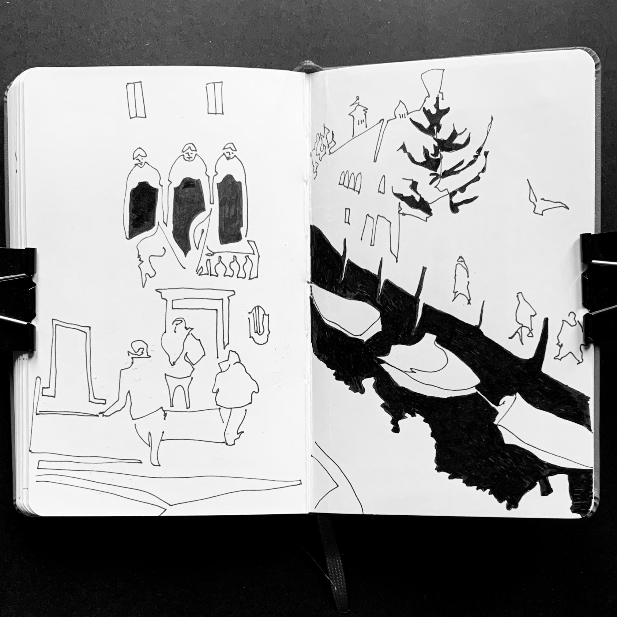 Moleskine notebook with hand-drawn sketches made in Venice, serving as an artist’s visual diary and personal testimony within a contemporary practice. A black and white contrast drawing with Venetian view.