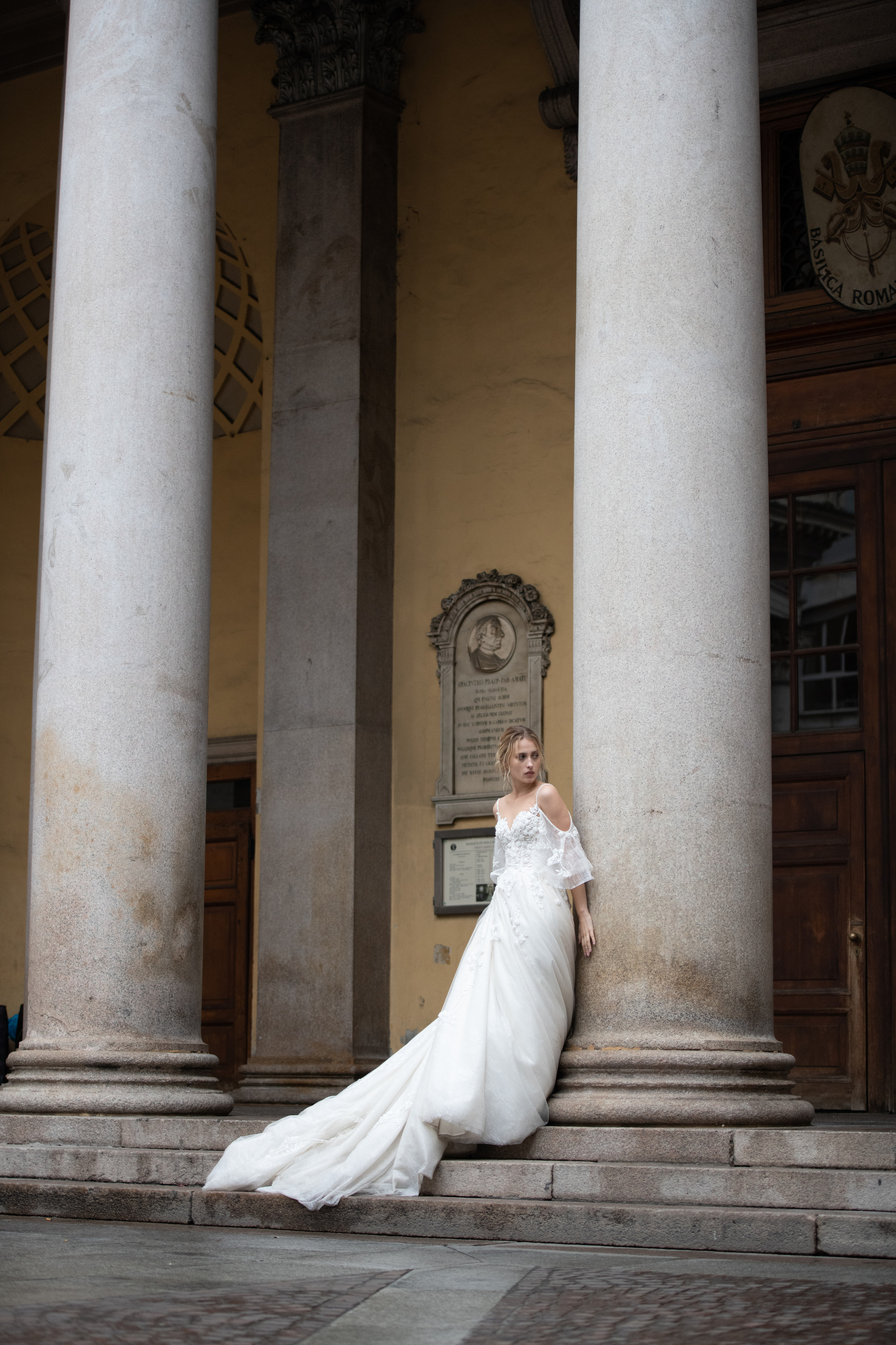 A beautiful bride in a wedding dress is waiting for his bride in Milan, Italy
