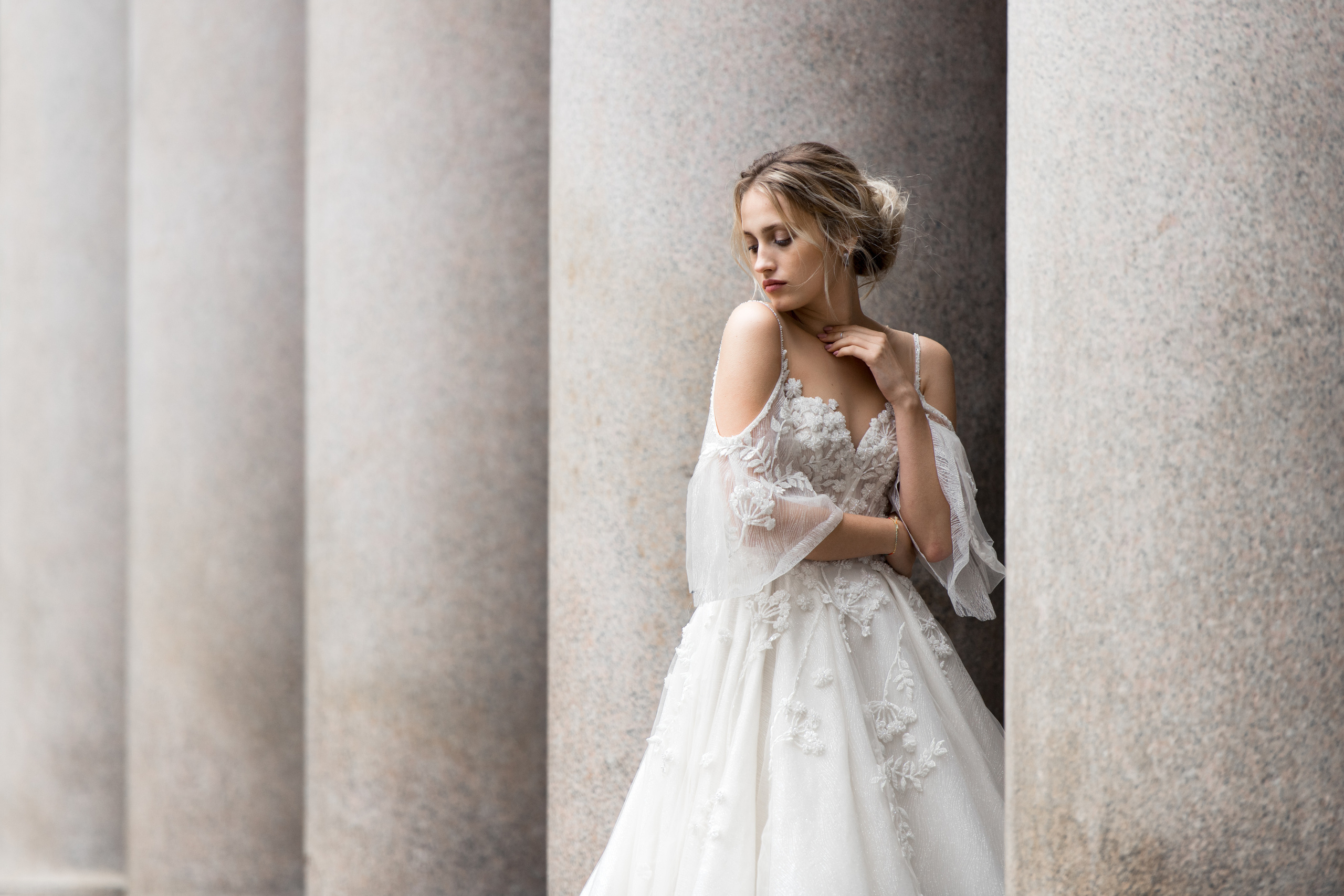 A beautiful bride in a wedding dress is waiting for his bride in Milan, Italy