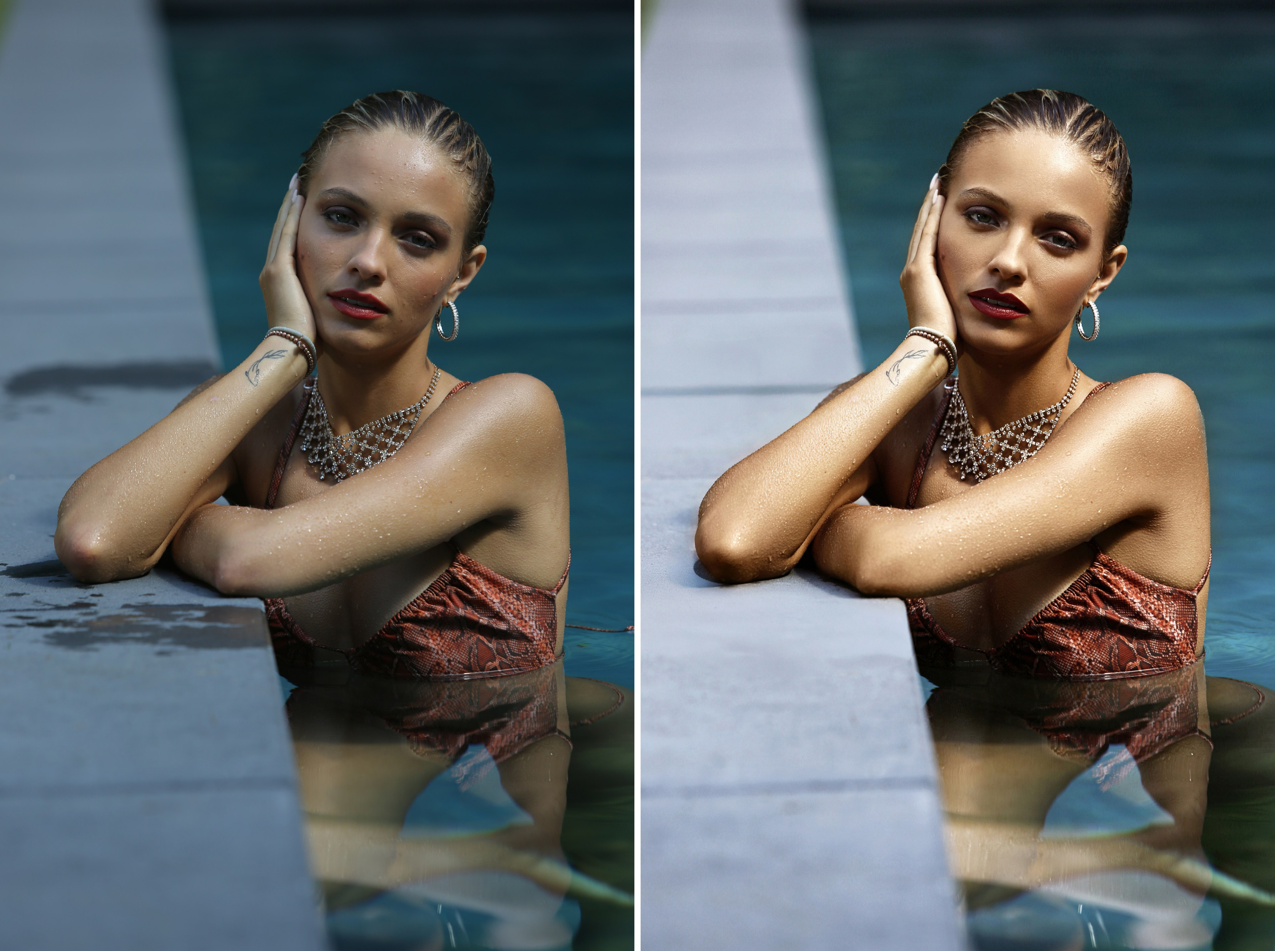 Photo Retouching and Editing. Model in swimsuit in pool. Professional services from Retoucher Olha Kompaniiets