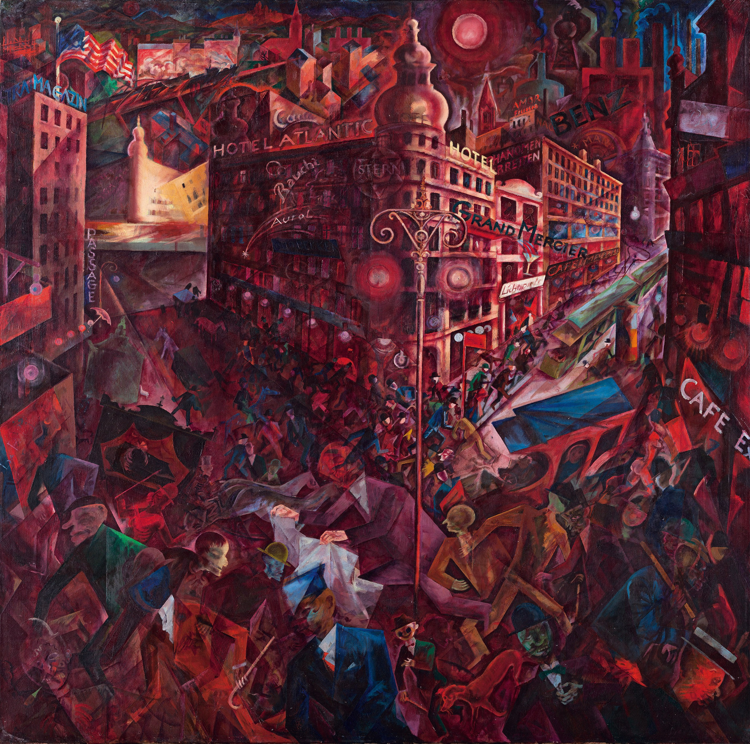 George Grosz’s Metropolis (1916–1917) is a vivid and unsettling portrayal of Berlin during World War I, capturing the chaos and moral decay of urban life through a fusion of Expressionist, Cubist, and Futurist styles.​ Visual Composition and Style The painting immerses viewers in a tumultuous cityscape dominated by fiery reds, deep purples, and intense blues. Buildings appear to tilt and collapse, while streets buckle under the weight of frenzied activity. Grosz employs exaggerated perspectives and overlapping figures to convey the disorienting energy of the metropolis. This composition reflects the social upheavals of wartime, with multiple perspectives merging to create a disorienting space that collapses distinctions between inside and outside