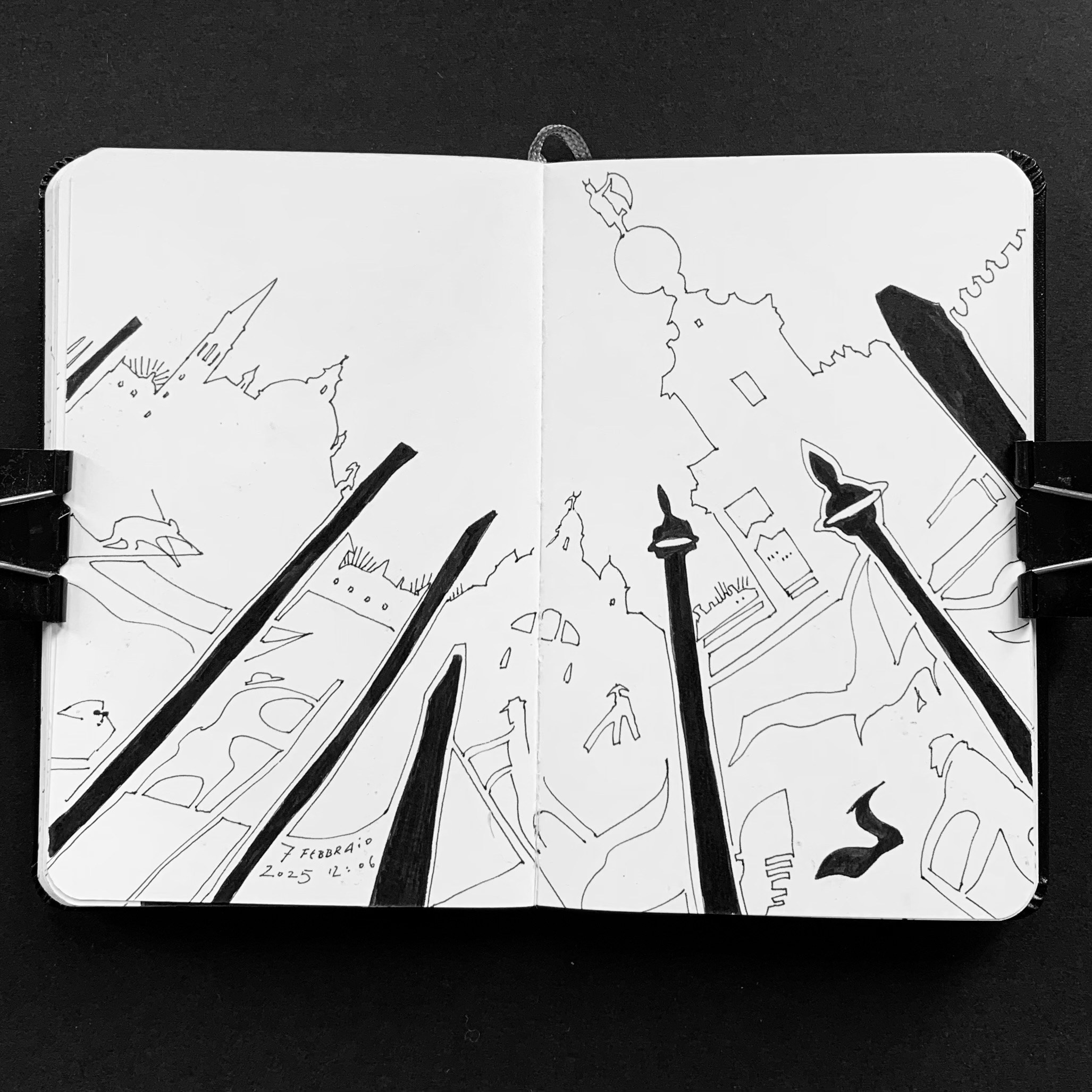 Moleskine notebook with hand-drawn sketches made in Venice, showcasing Nadia Kuprina’s exploration of drawing and the tactile experience of a personal sketchbook