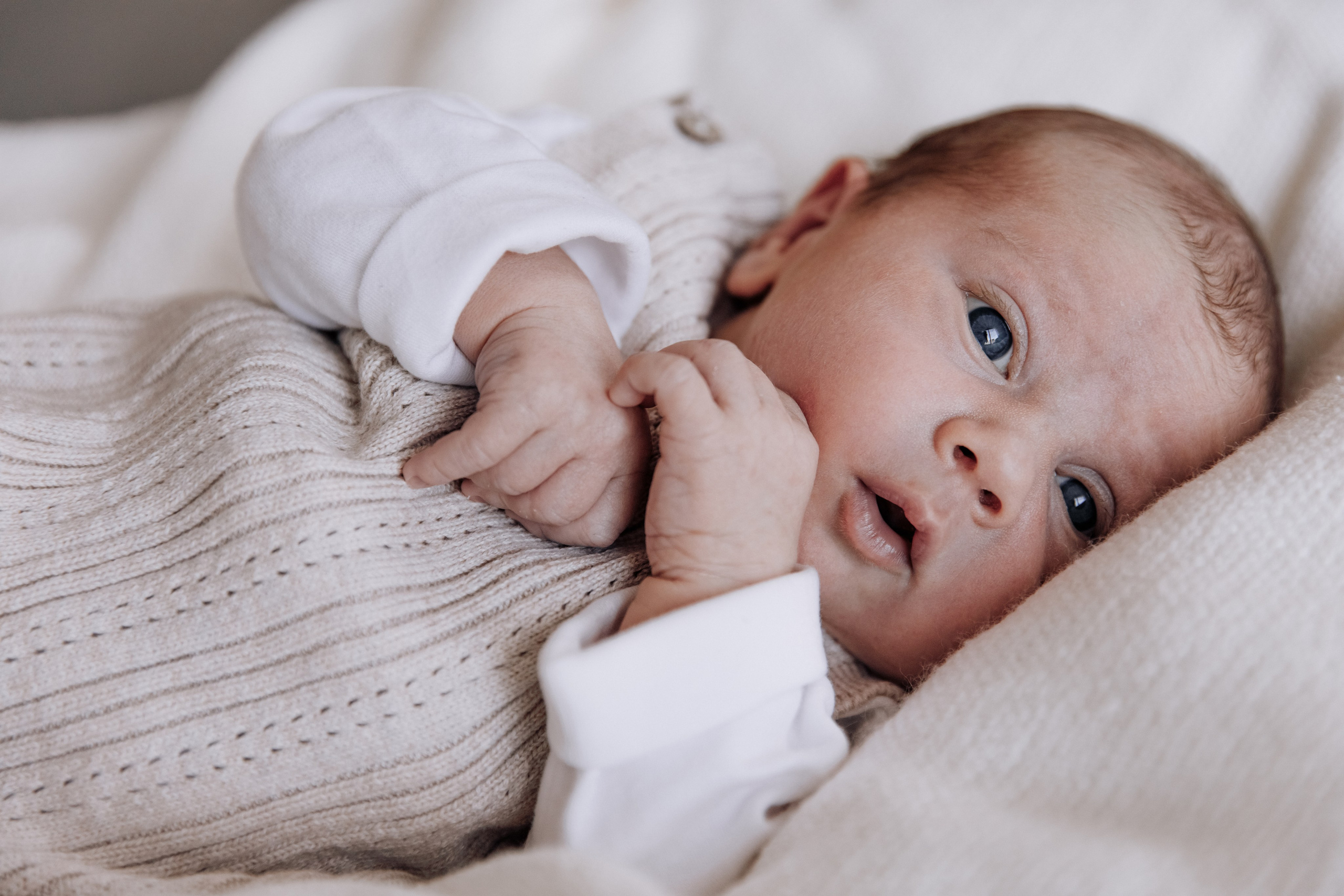 Baby blickt mit großen Augen erstaunt aus dem Fenster – ein zauberhafter Moment voller Neugier.