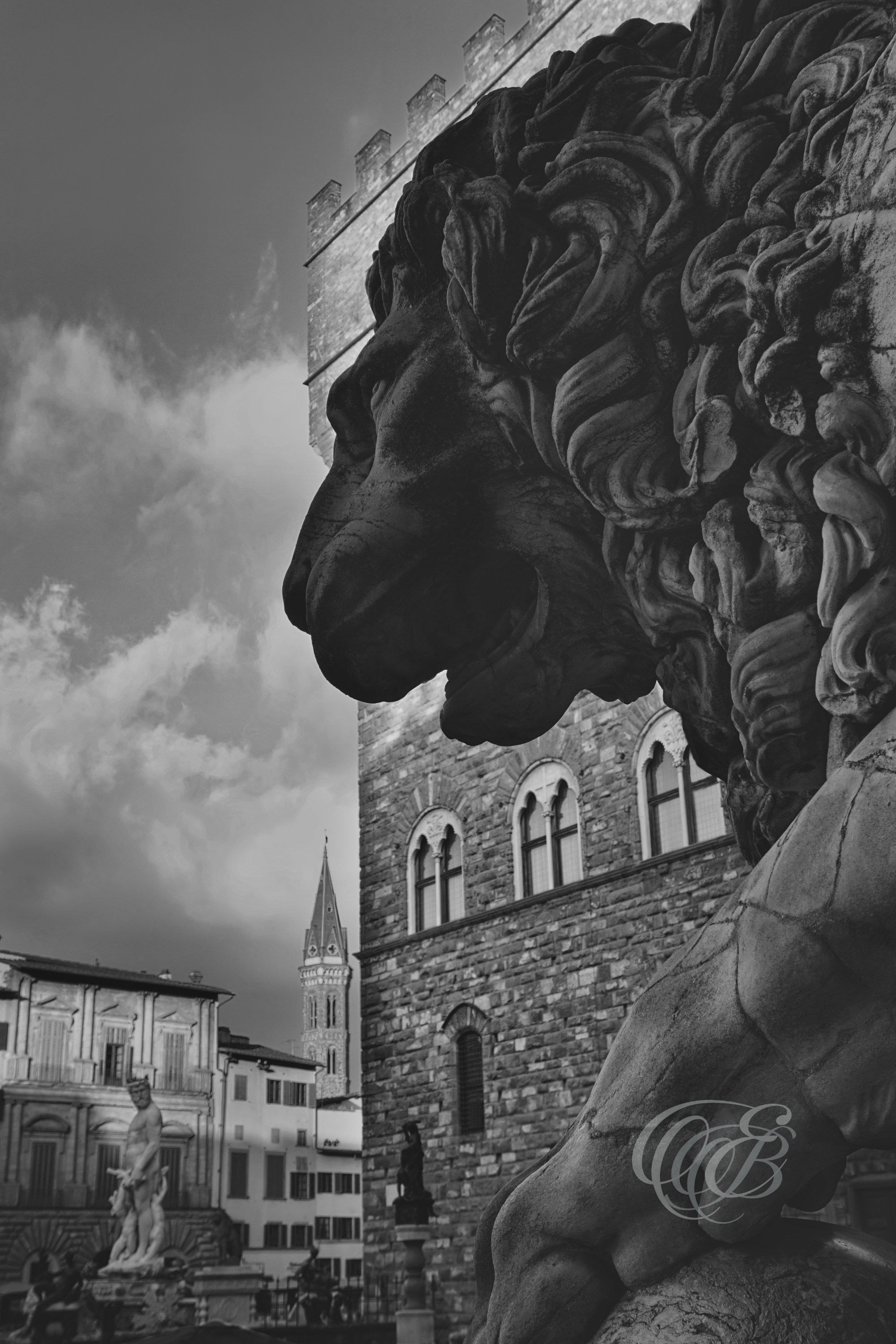 Florence Italy - Loggia dei Lanzi Ancient Medici Lion - B&W - Eduardo Bartoli Fine Art Photography - Black-and-white photograph of the ancient Medici lion at the Loggia dei Lanzi in Florence, Italy, with the Palazzo Vecchio and Fountain of Neptune in the background – fine art photography by Eduardo Bartoli.