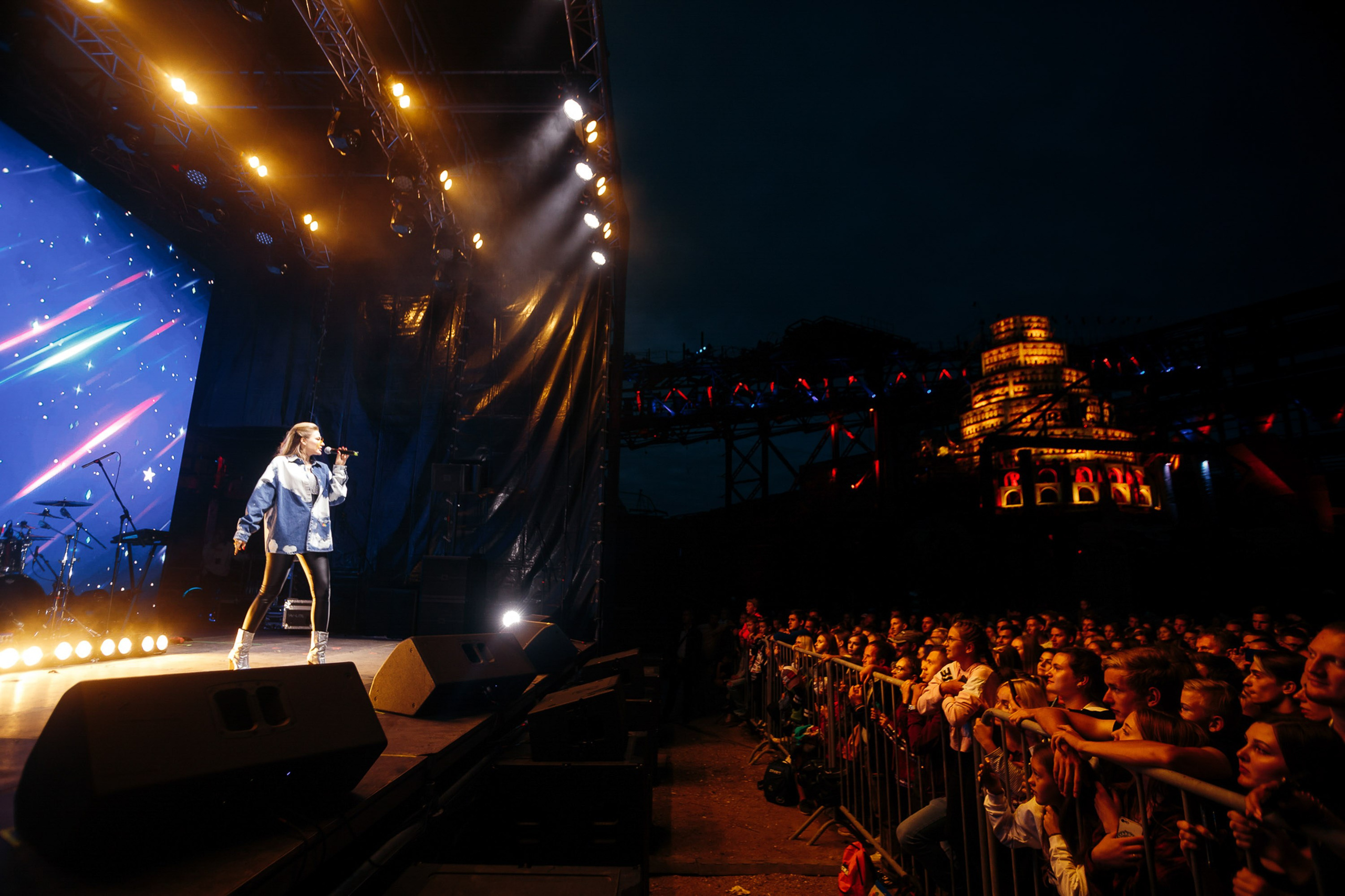 Concert at night with bright stage lights