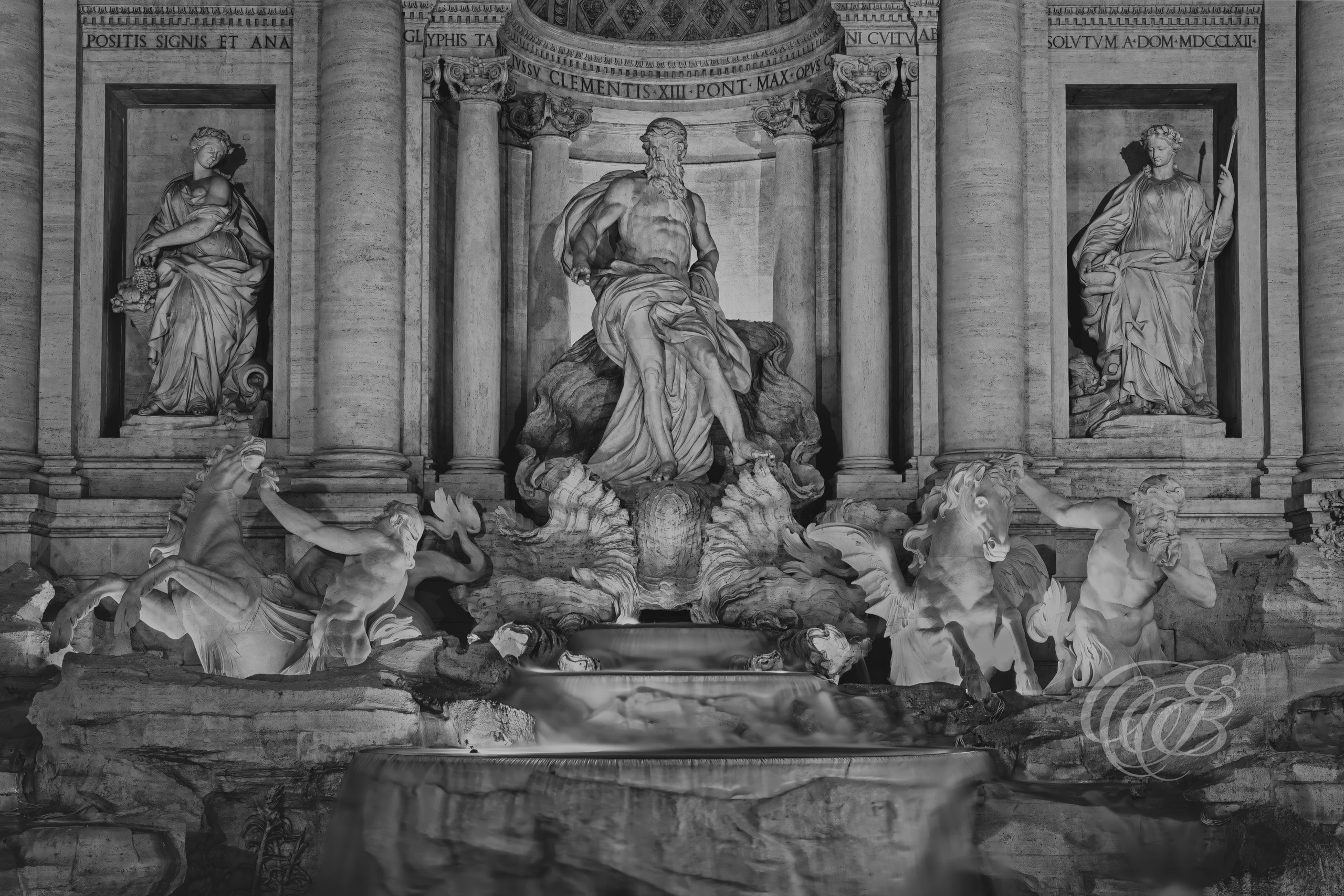 Rome Italy - The sculpture of the Oceanus at The Trevi Fountain - B&W Matte - Eduardo Bartoli Fine Art Photography - Black and white matte fine art photograph of the sculpture of Oceanus at the Trevi Fountain in Rome, Italy – photography by Eduardo Bartoli.