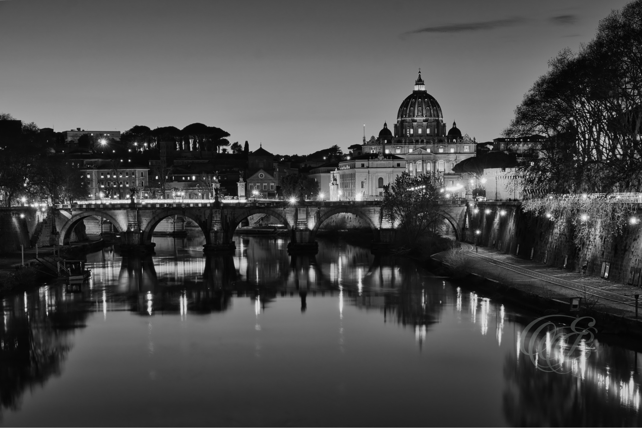 Italy - Rome - Sunset over Ponte Sant’Angelo and St. Peter’s Basilica in black and white, river view with bridge and dome skyline, photography of Italy, Eduardo Bartoli Photography