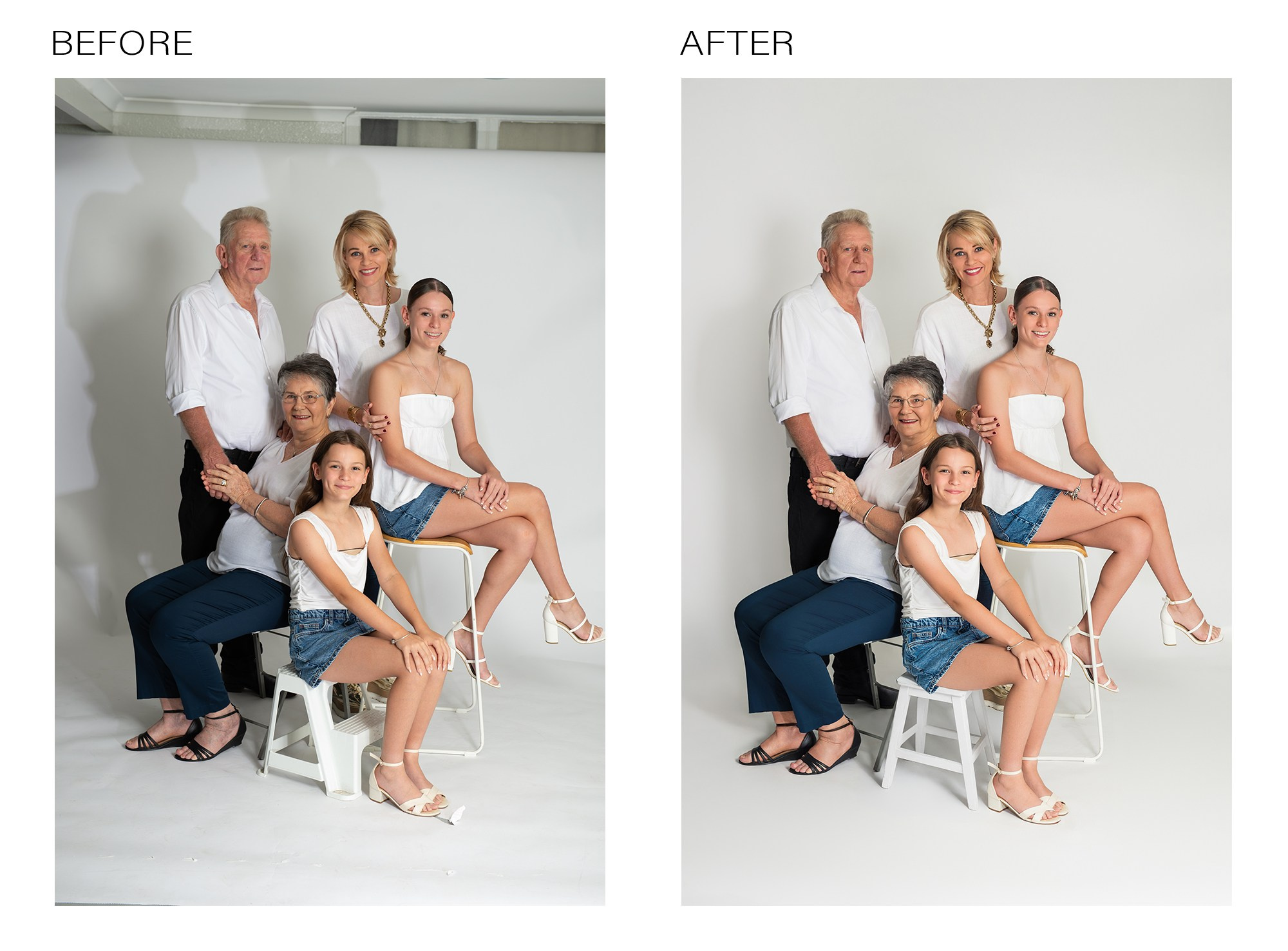 Family portrait professionally retouched by worldwide retoucher, natural skin tones and vibrant color. sCandid family moments edited by professional photo retoucher, worldwide services. Enhanced family photo with natural light and color correction by expert retoucher. Group family portrait retouched for clarity, color, and emotion, professional worldwide editing