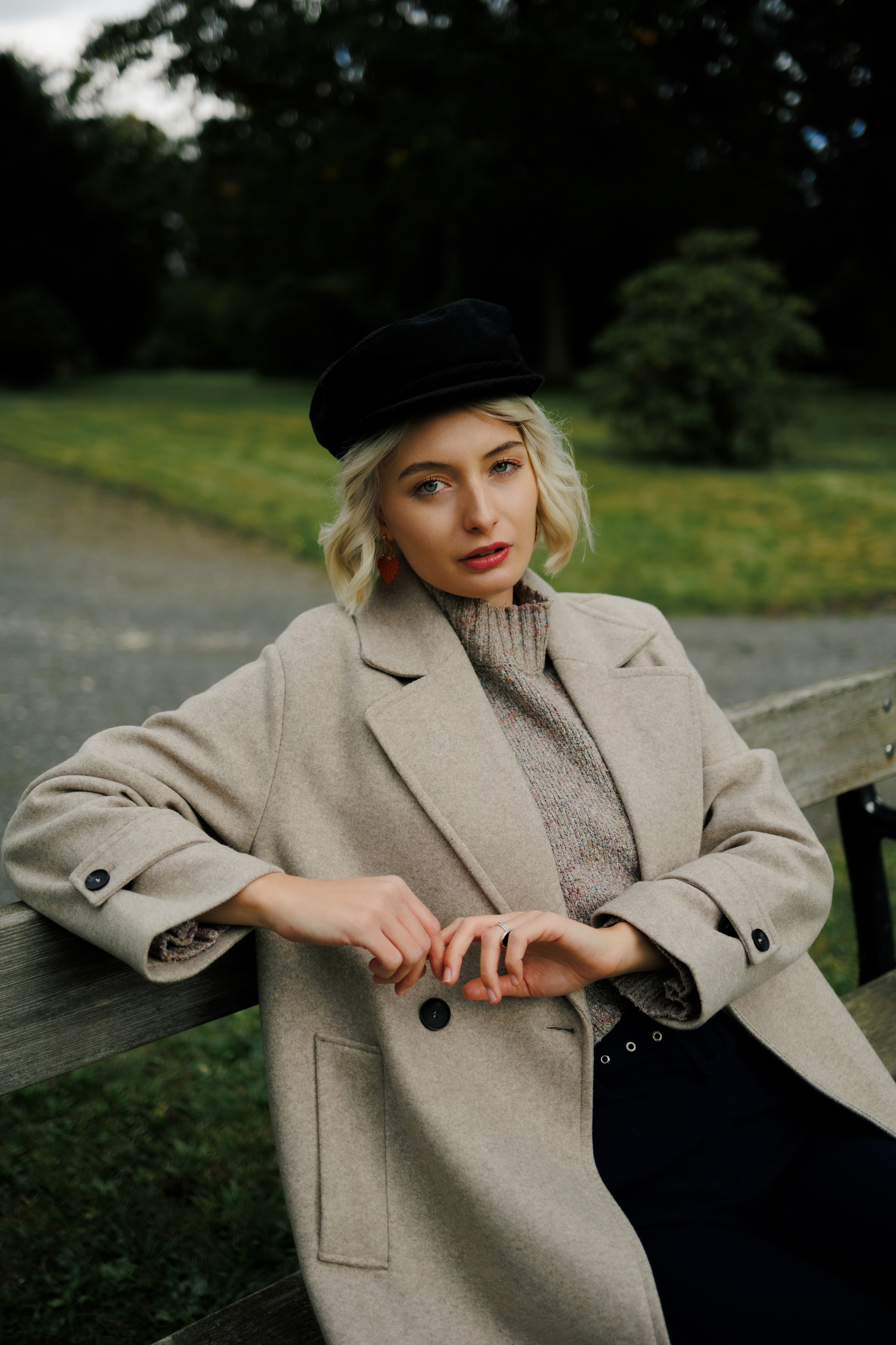 Autumn Portrait in the Park. Woman in Coat&Sweater. Cinematic&Emotional Photography by Kristina Kozheltsova. Kristina Kozheltsova- Soulful Portrait&Lifestyle&Love Story Photographer in Leipzig, Germany