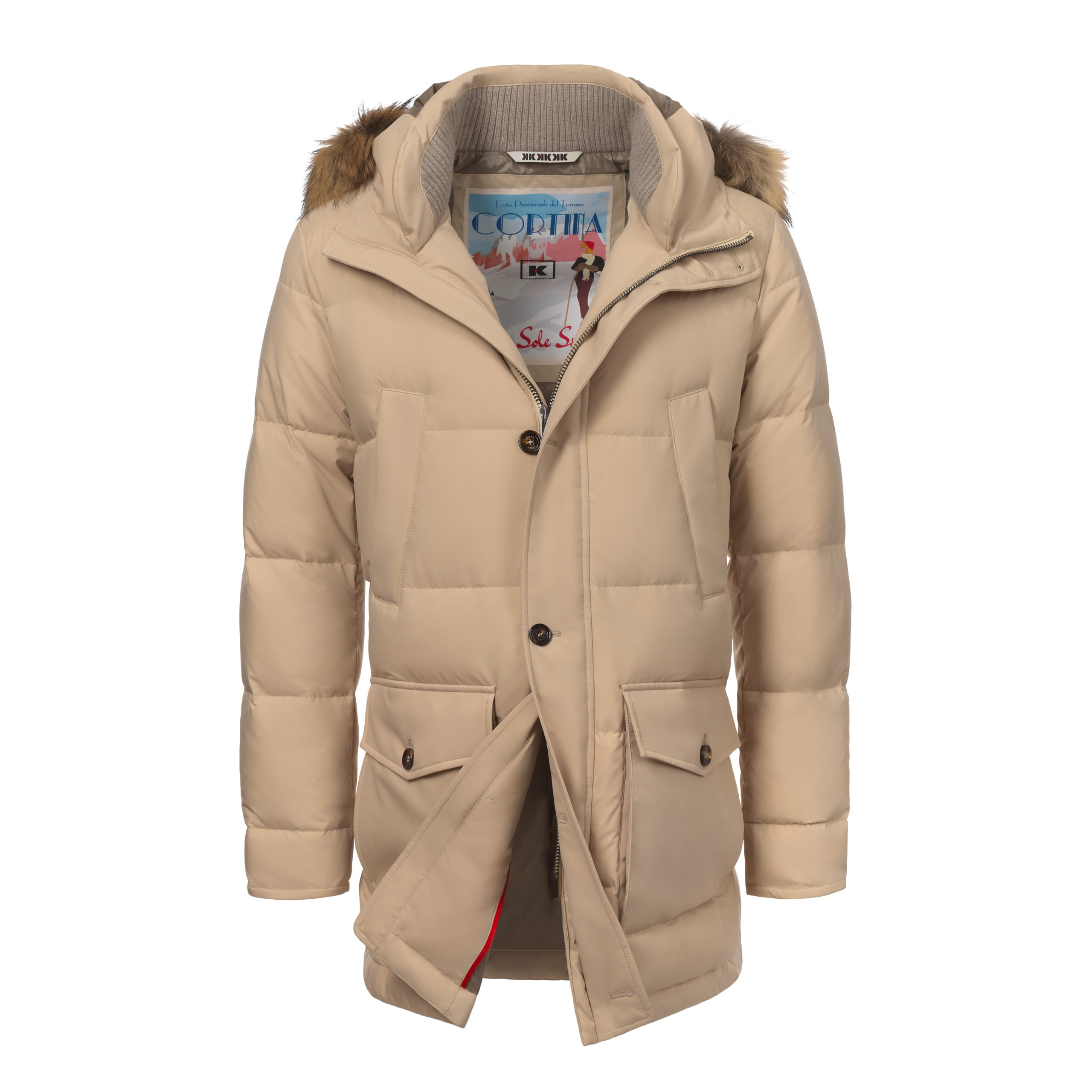 Unsichtbare Mannequin-Fotografie – Raccoon Parka Jacket in Champagner von KIRED, Frontansicht mit Pelzkapuze.