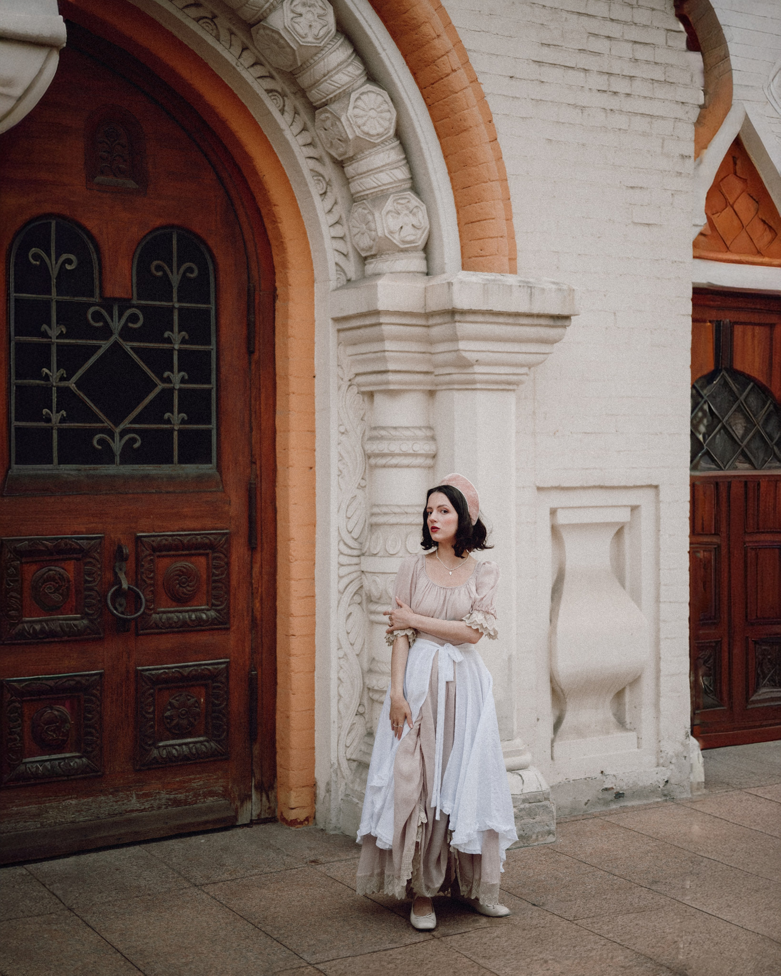 Slavic folklore shoot in traditional headwear and white dress. Moth & Moss Photography