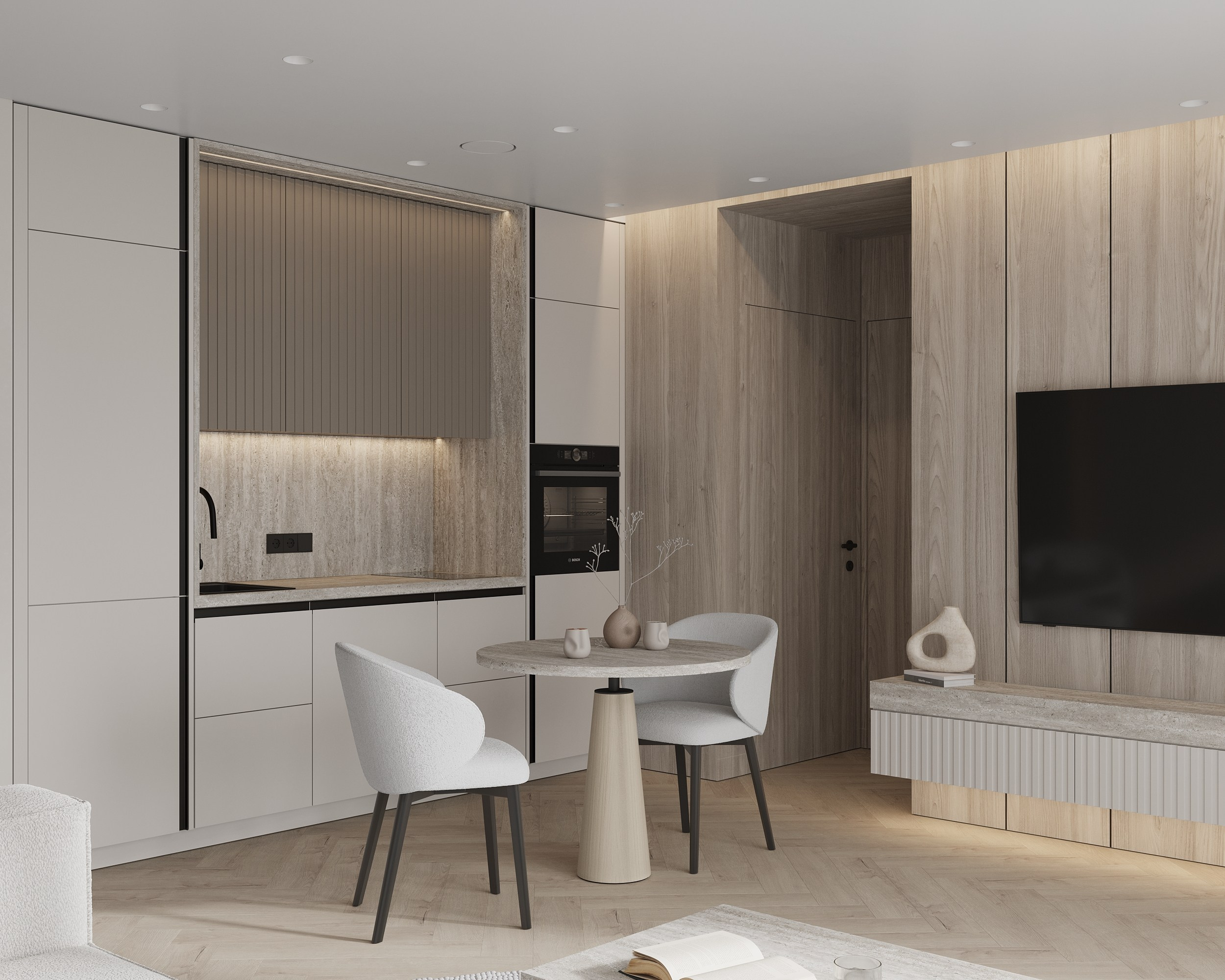 Story of Wood and Travertine. Simple Archs — high quality visualizations for your interior projects