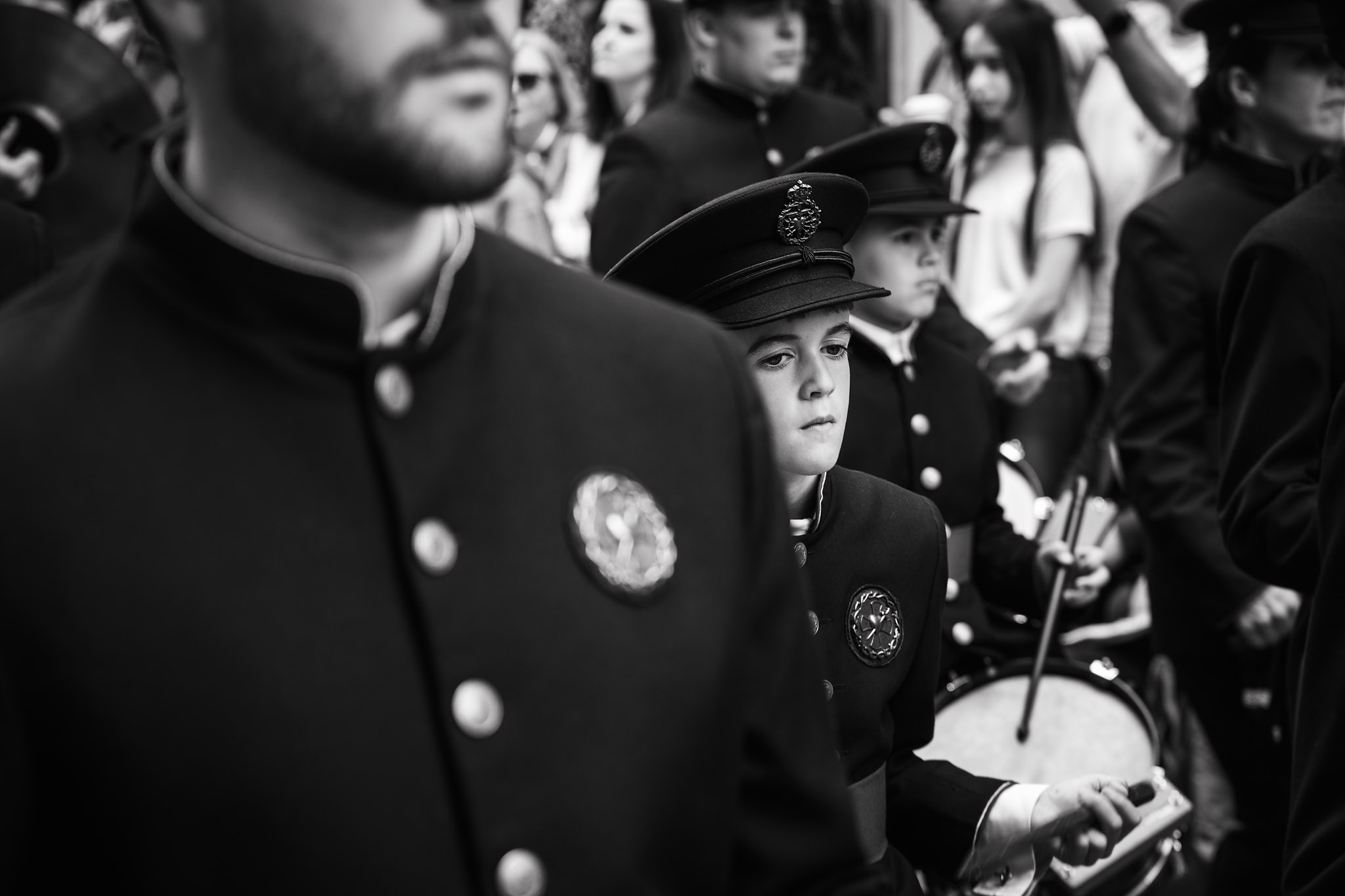 Portrait of Semana Santa marching band member in Malaga, Andalusia, Spain
