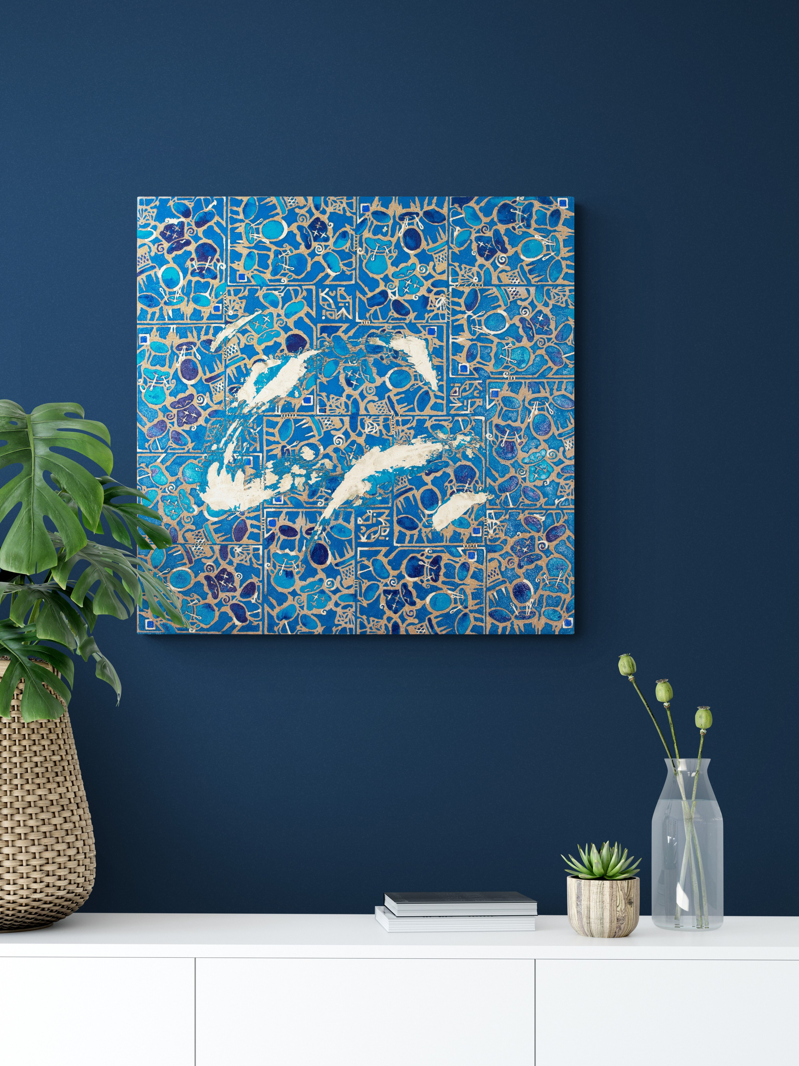 Opera astratta decorativa “Signore Poltrone” di Nadia Kuprina, tecnica mista su tela con linoleografia, ricamo, olio e foglia oro, ripetizione modulare del pattern, dialogo tra ritmo, materia e preziosità cromatica