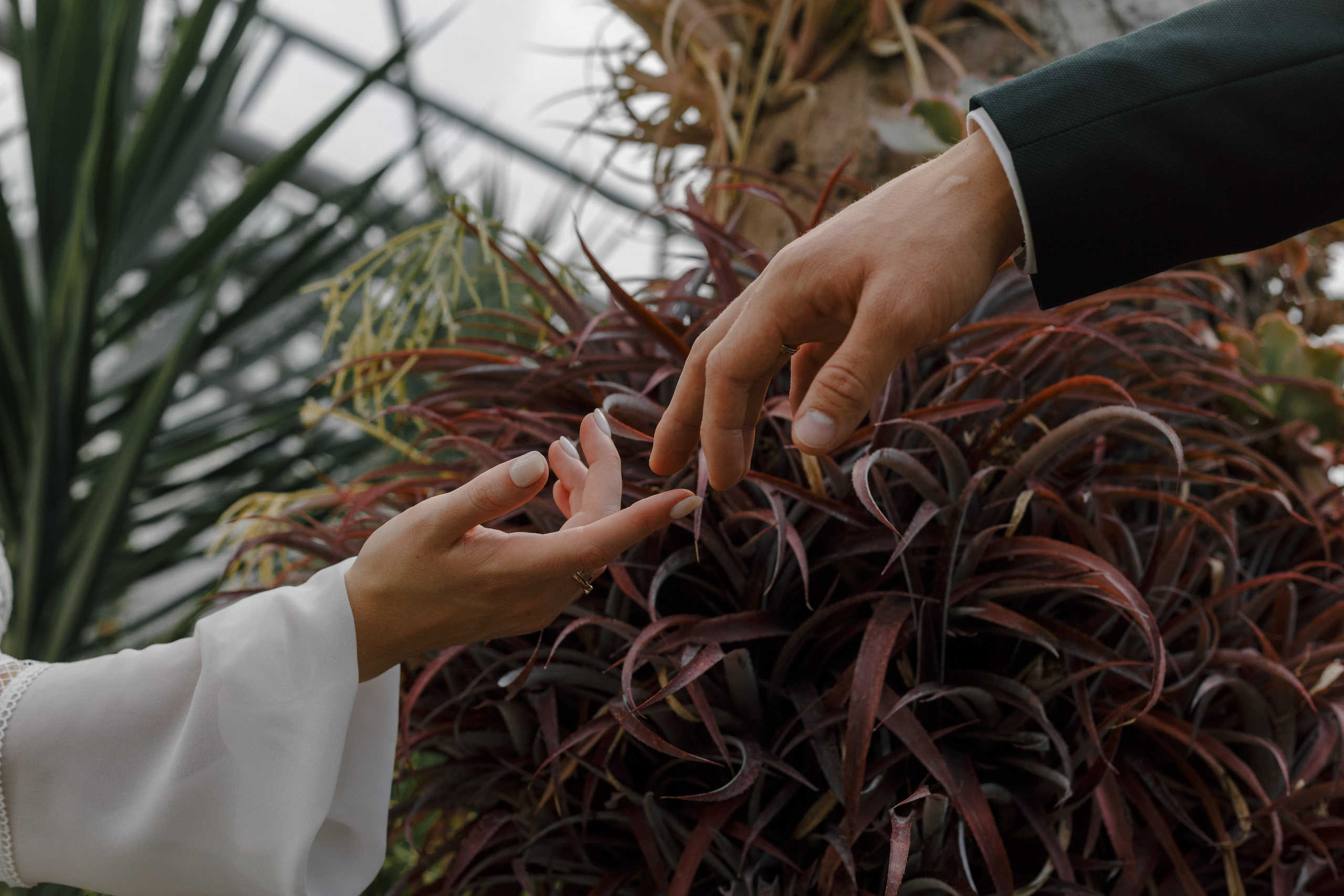 manos de recién casados ​​con el telón de fondo de un parque en Valencia