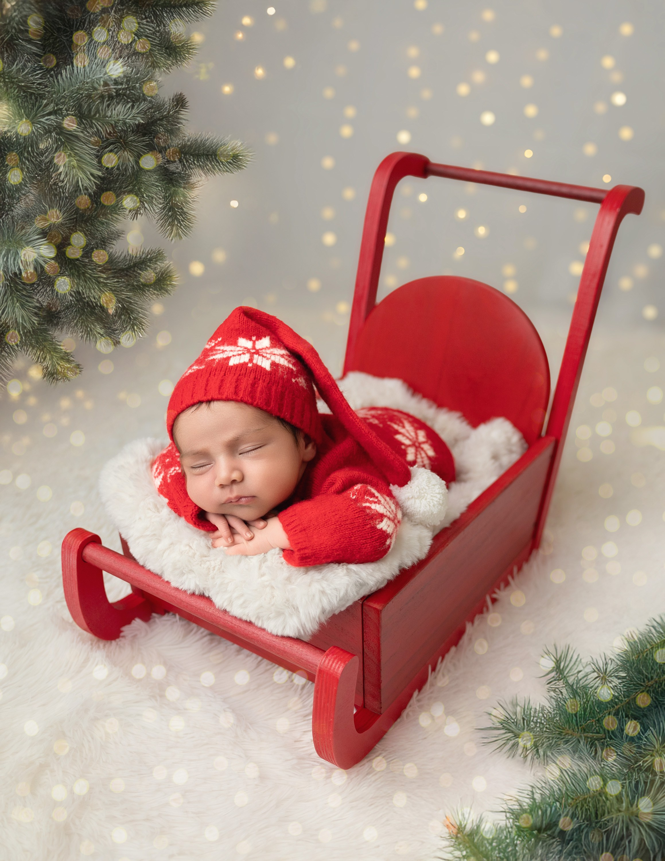 newborn in the red Christmas sleight
