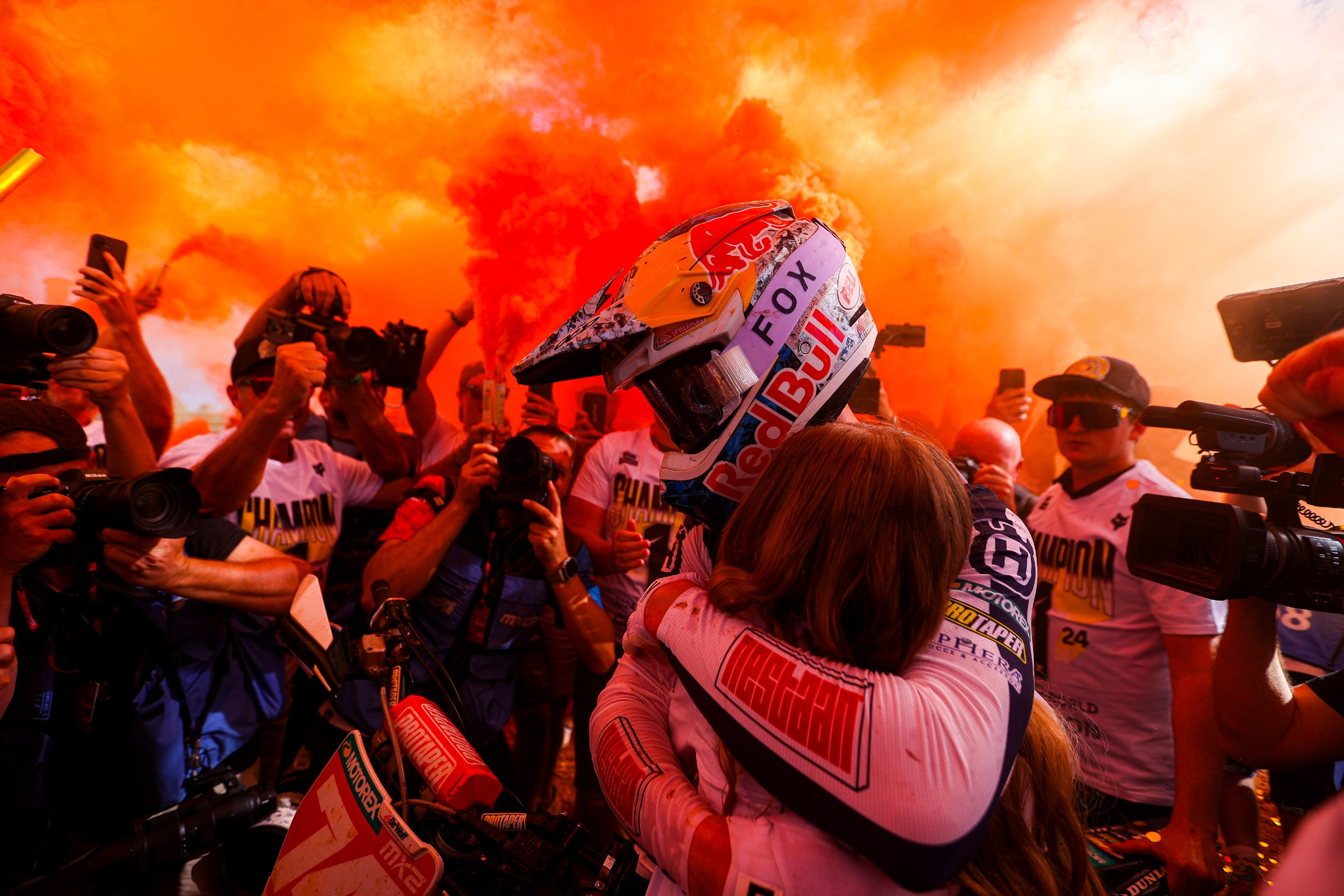 Kay de Wolf Husqvarna rider celebrating his MX2 title under the orange smoke Motocross World Championship