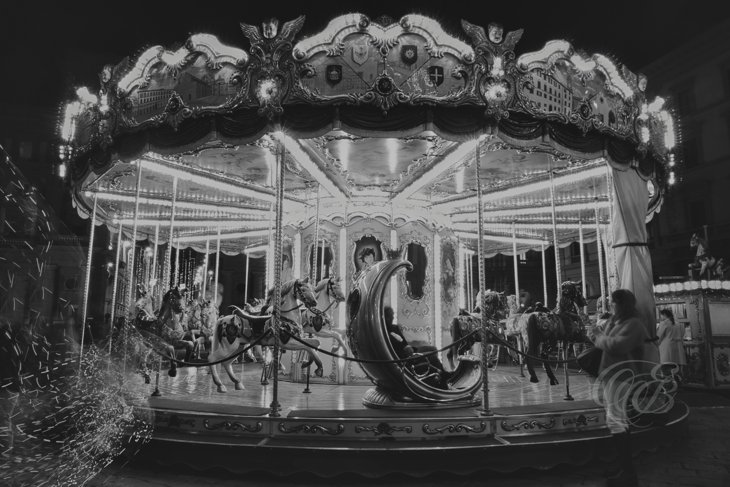 Italy — Florence — Florence Carousel Long Exposure — B&W Matte — Eduardo Bartoli Photography — Black and white matte long exposure photograph of the carousel in Piazza della Repubblica, Florence, Italy — photography by Eduardo Bartoli.