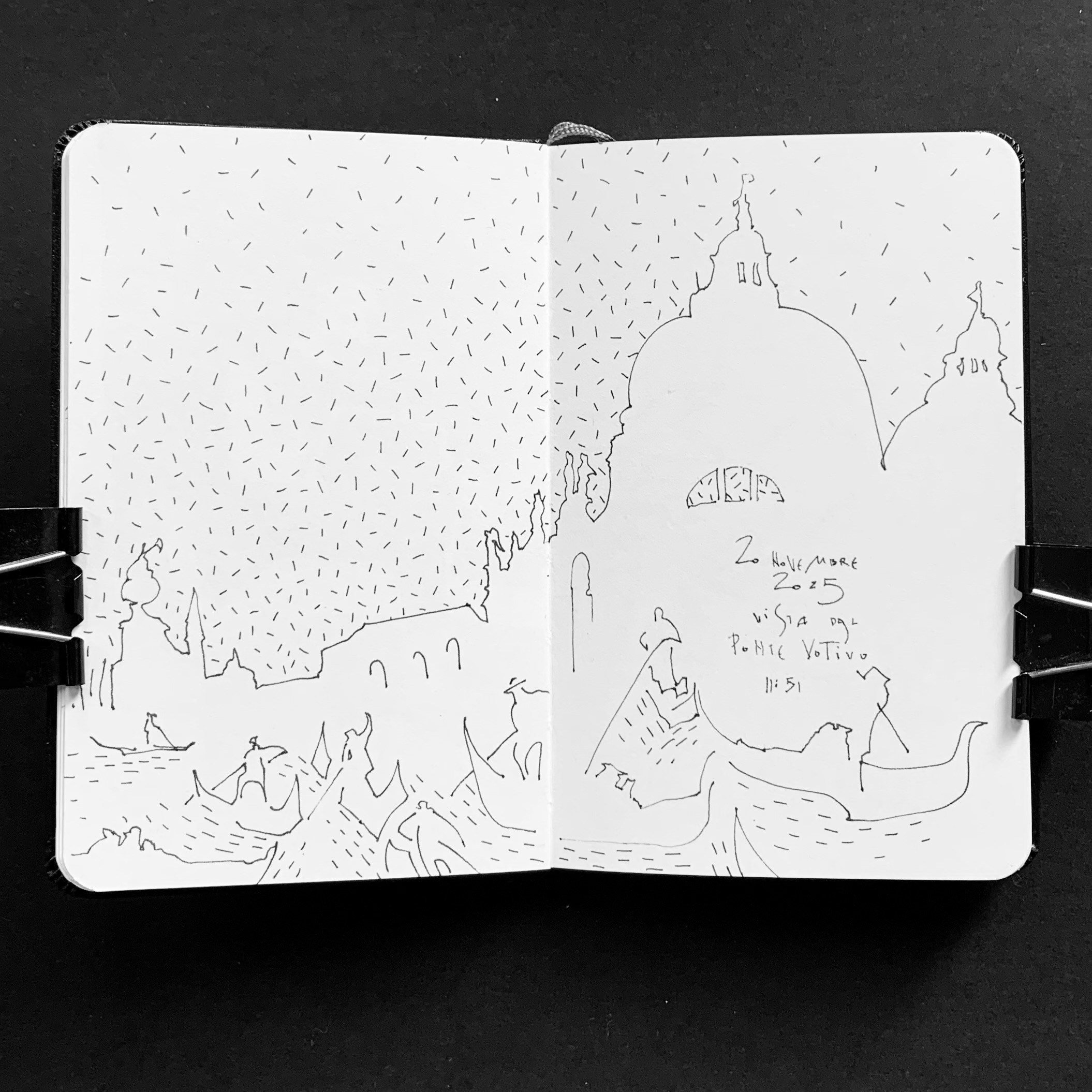 Moleskine notebook with original hand-drawn works on paper created in Venice, part of Nadia Kuprina’s contemporary drawing practice. Live drawing of sky and church cupolas with gondolieri.