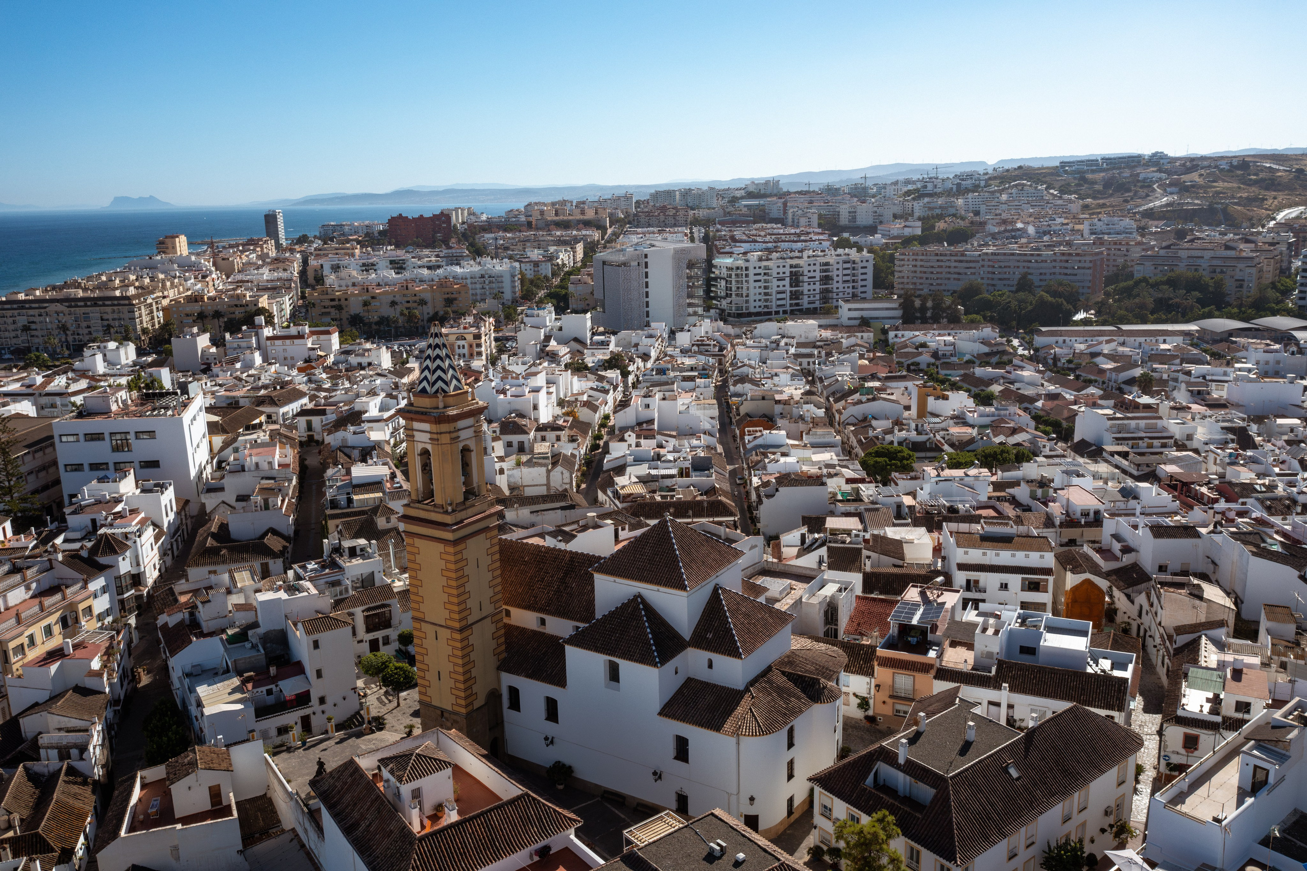 Real estate photographer captures Estepona coastline and historic center from the sky