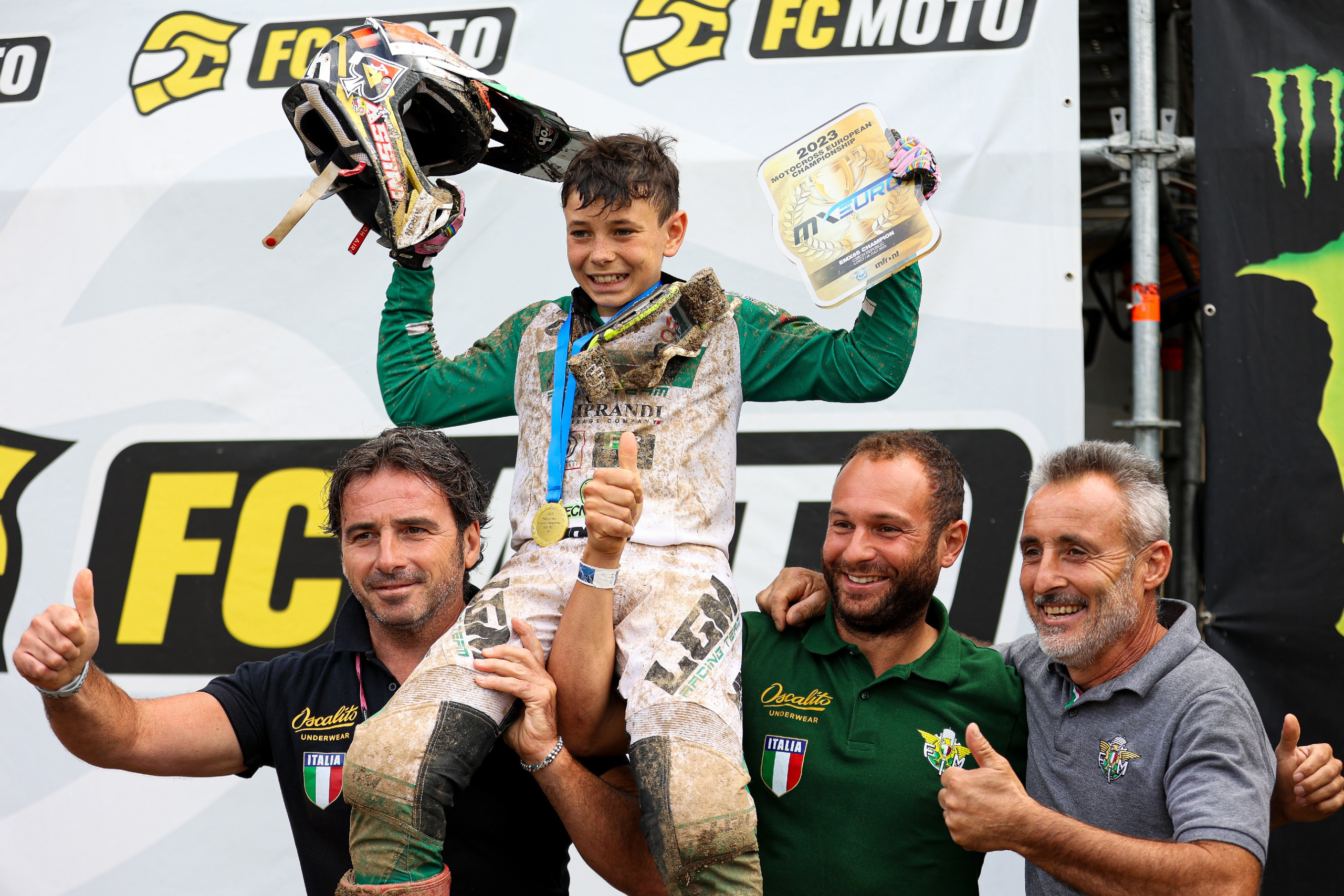 Italian EMX65 rider celebrating is european title MXGP of Locket Motocross World Championship