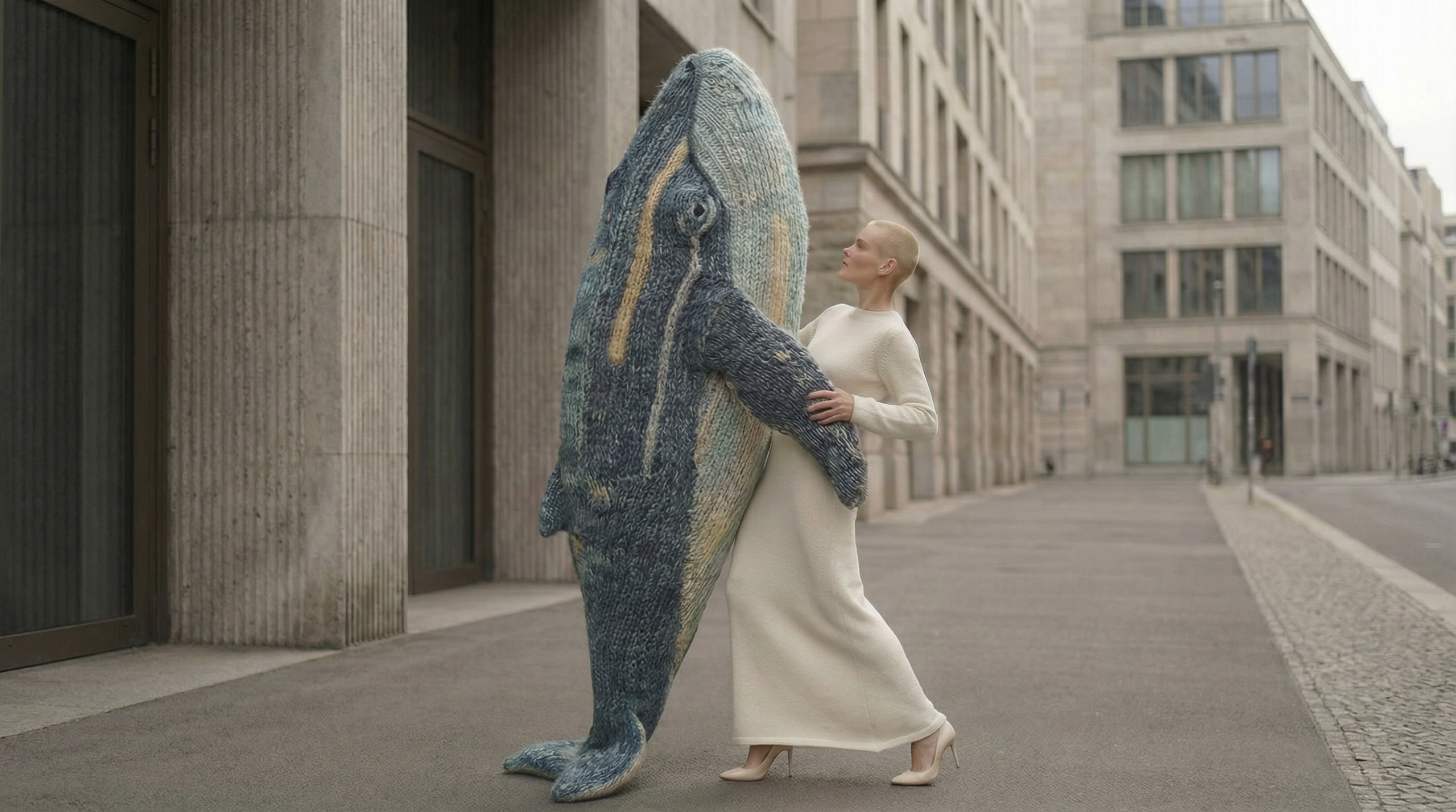 model with oversized knitted whale sculpture, minimal outfit, urban architecture background, soft ocean concept, fashion editorial photography