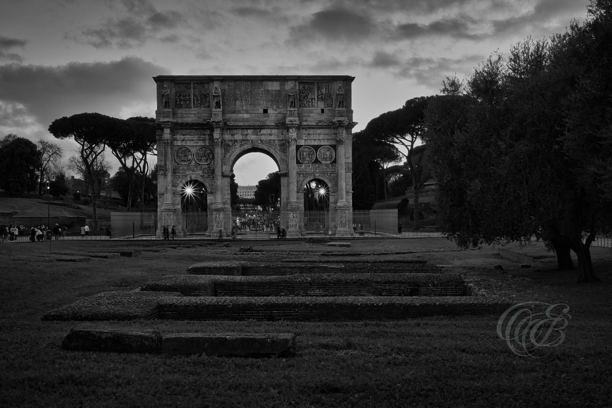 Rome Italy - Arch of Constantine at Sunset - B&W - Eduardo Bartoli Photography - Black and white photograph of the Arch of Constantine in Rome, Italy, located near the Colosseum and dedicated in the 4th century AD to Emperor Constantine’s victory at the Milvian Bridge – photography by Eduardo Bartoli.