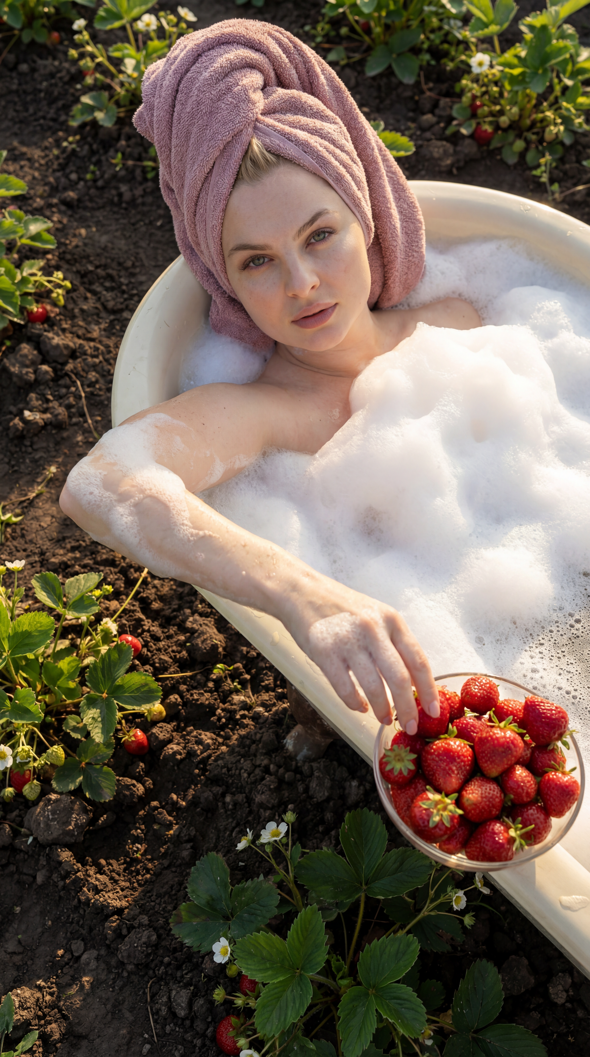 Woman relaxing in bubble bath bathtub placed in strawberry field holding bowl of fresh strawberries, creative outdoor spa concept photography, natural golden hour light, surreal lifestyle portrait, high detail textures