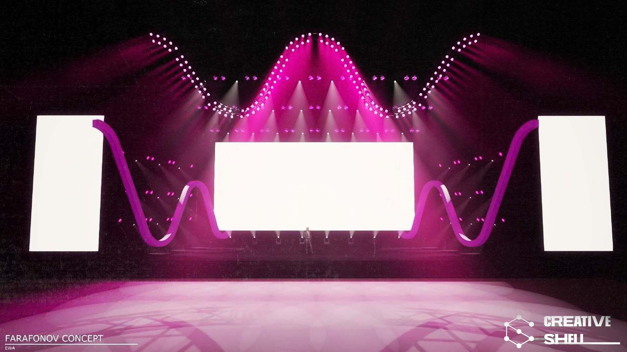 3D-визуализация мероприятия в Capture с интегрированным оборудованием: световые приборы, экраны, сцены и декорации, отображение готового дизайна сцен и декораций.