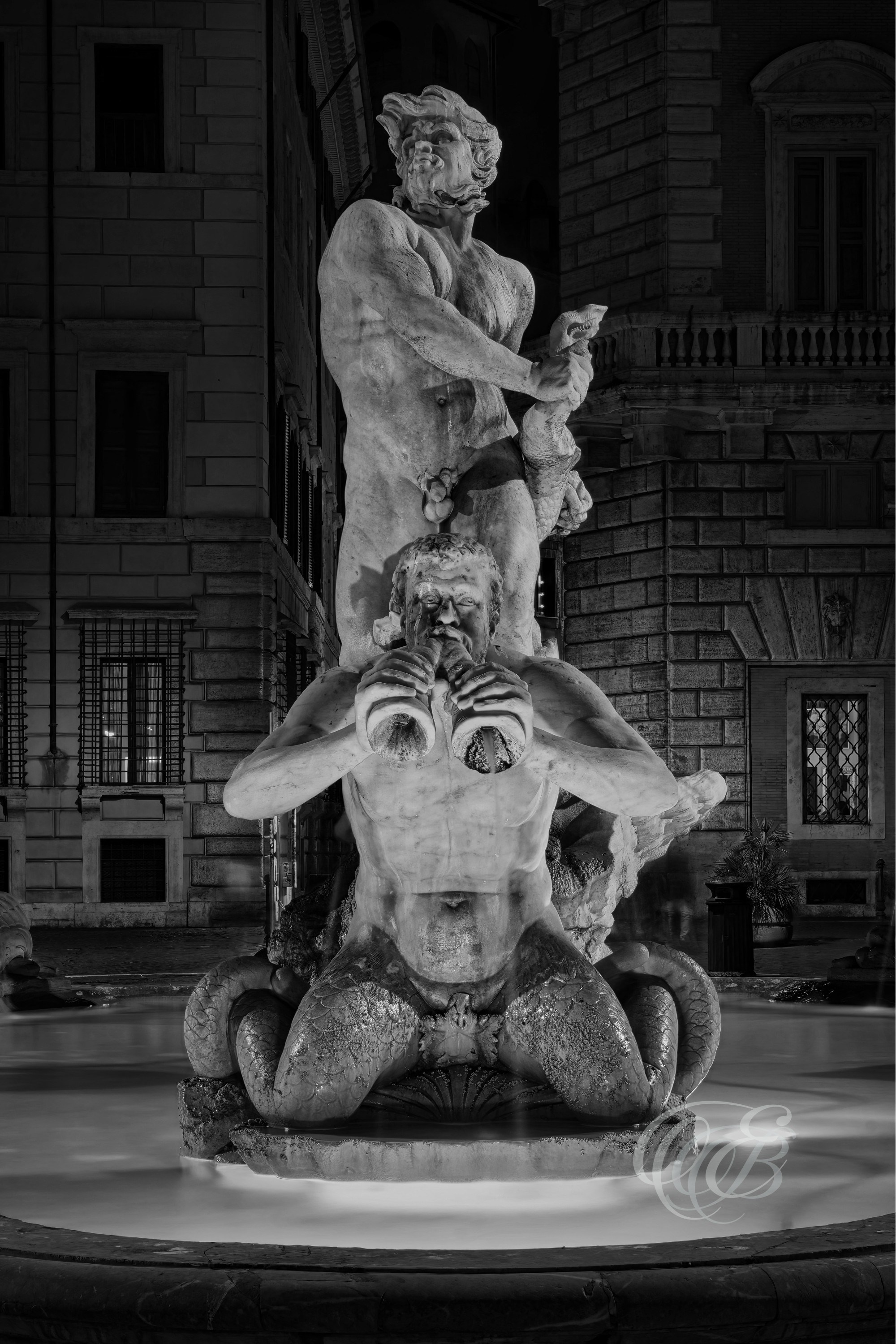 ITALY – ROME – Piazza Navona Fontana del Moro in black and white, Baroque fountain detail, photography of Italy, Eduardo Bartoli Photography