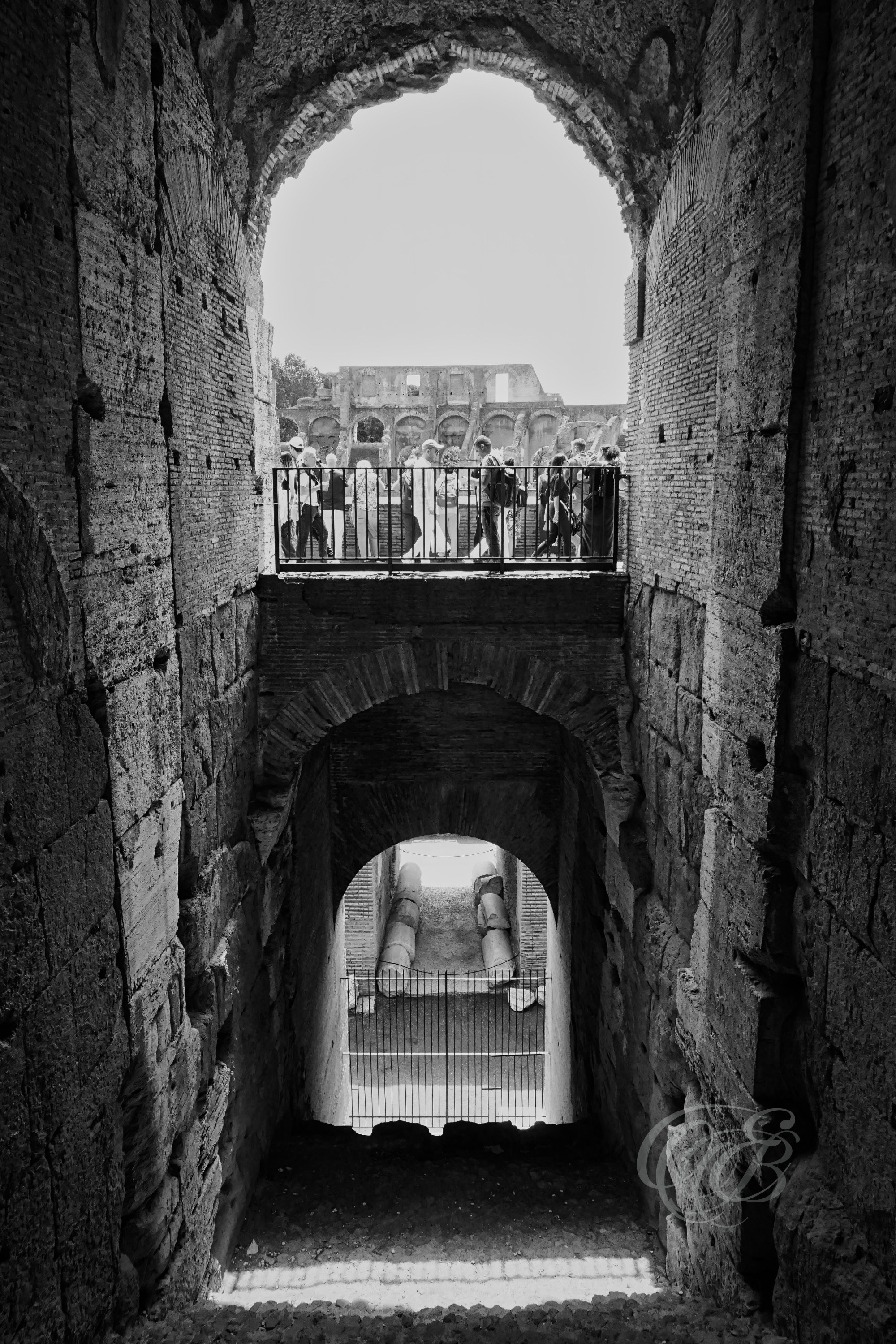 Rome Italy - Colosseum Interior Arches - B&W - Eduardo Bartoli Photography - Black and white photograph of the interior arches of the Colosseum (Flavian Amphitheatre) in Rome, Italy, built in the 1st century AD under Vespasian and Titus – photography by Eduardo Bartoli.